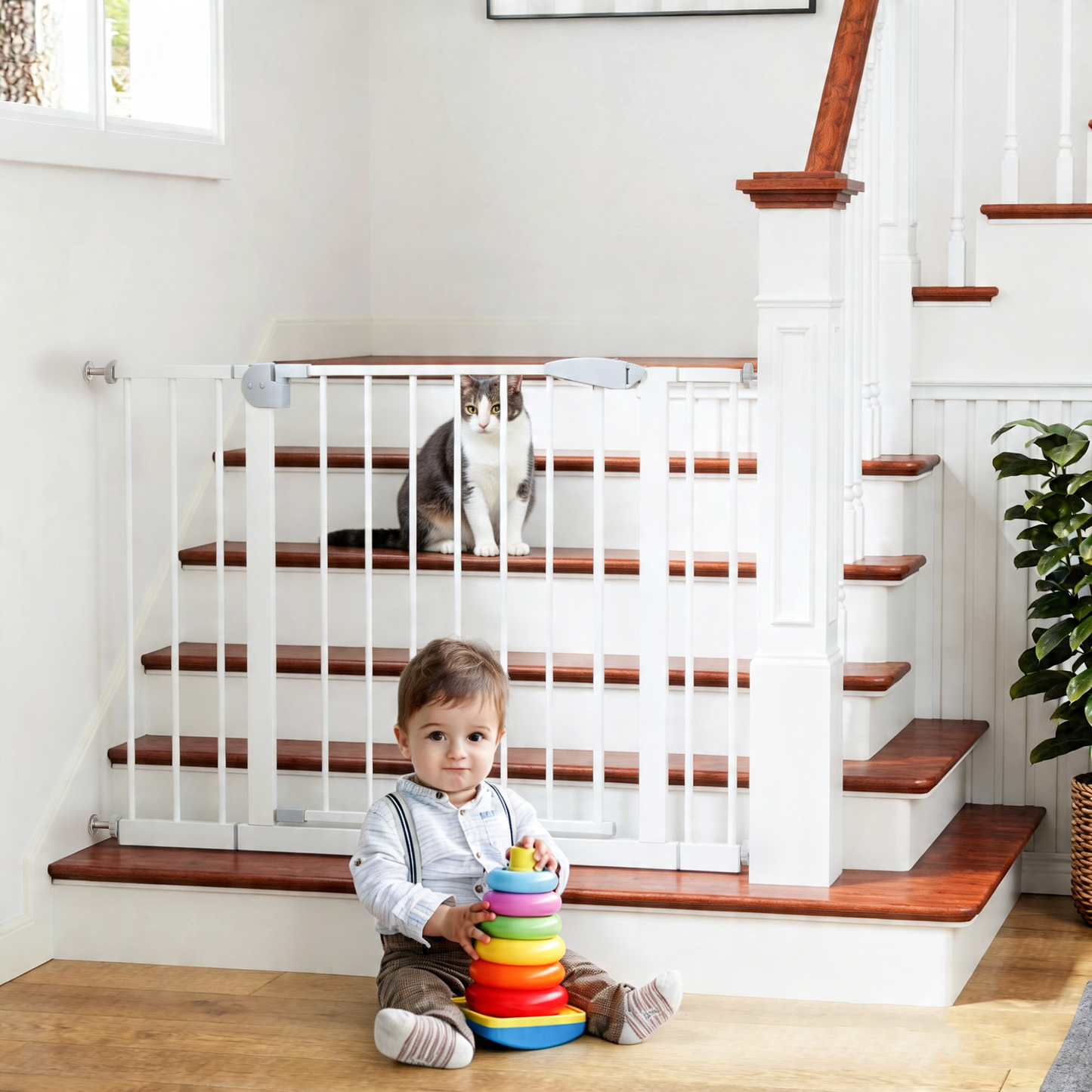 2 Pack 29.5-44.1" Wide Baby Gate for Stairs, Dog Gate Indoor for Doorways, No Drilling Pressure Mounted Pet Gates for Kids, Easy Walk Through Safety Gate, White image 9