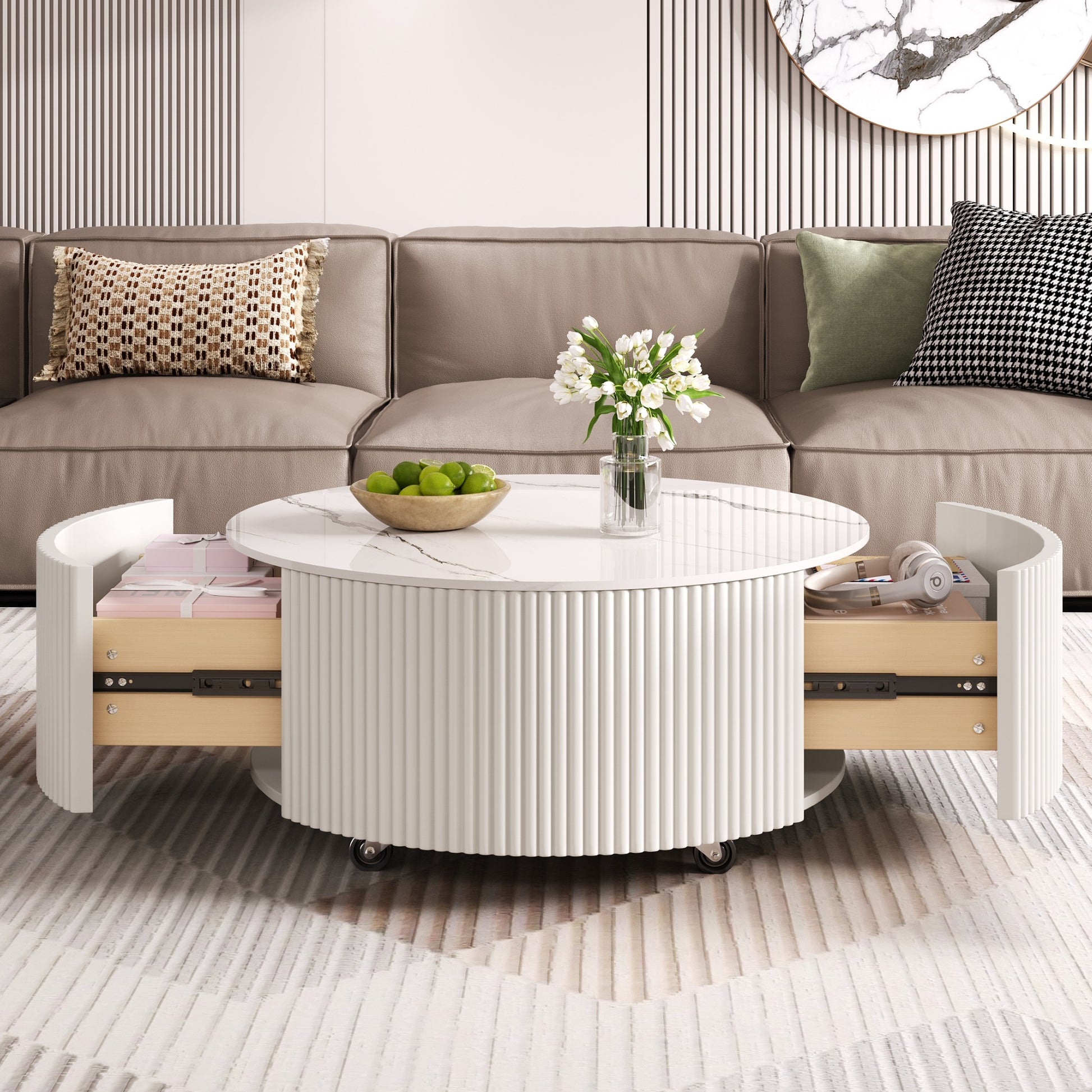 Modern Round Movable Coffee Table with Casters, 2 Drawers, Marble Pattern Sintered Stone Top, White, 29.5" image 3