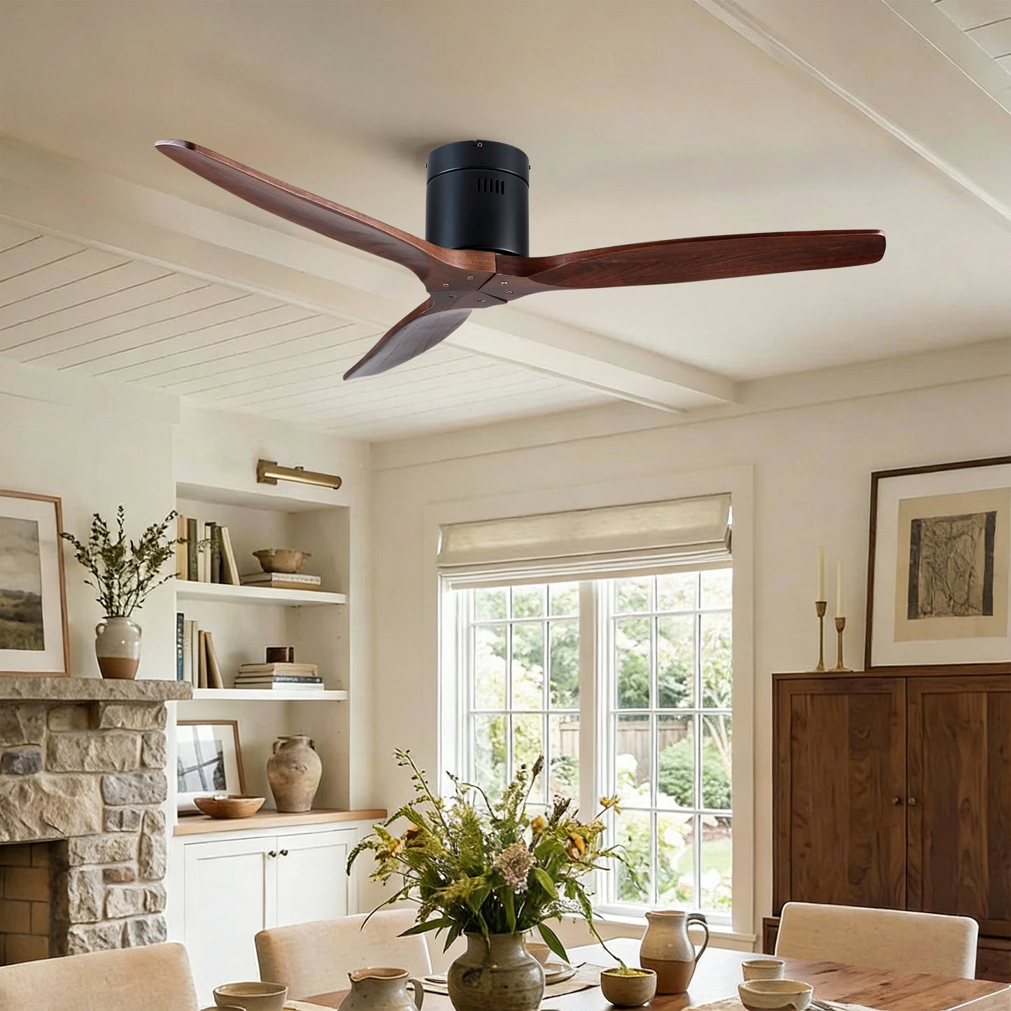 52 inch Indoor Farmhouse Rustic Ceiling Fan Matte Black with 3 Solid Wood Blade Remote Control Reversible DC Motor image 6