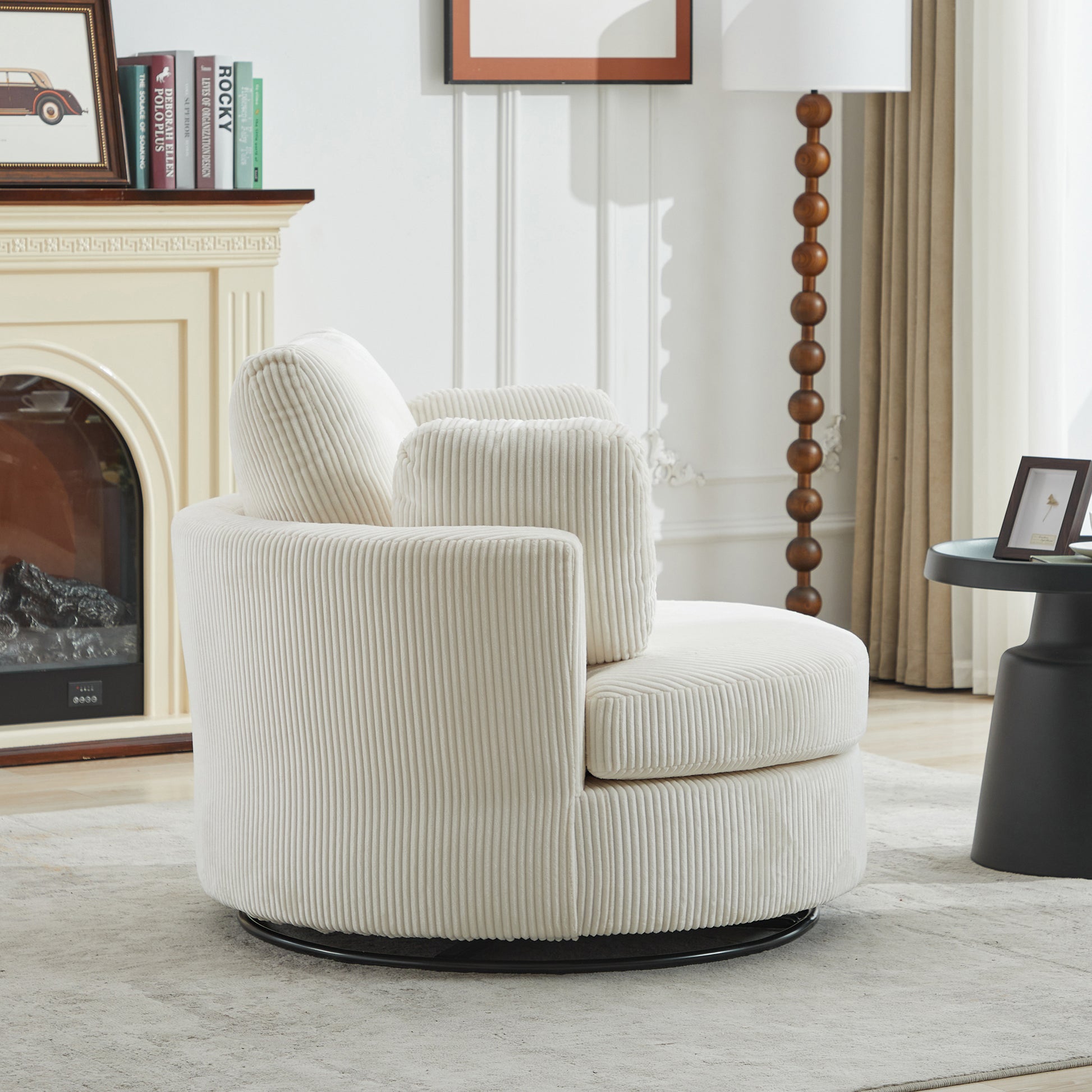 42''W Swivel Accent Chair With 2 Thorw Pillows 360 Degree Swivel Round Sofa Modern Oversized Chair Cozy Club Chair for Bedroom Living Room Lounge Hotel, Ivory Corduroy image 4