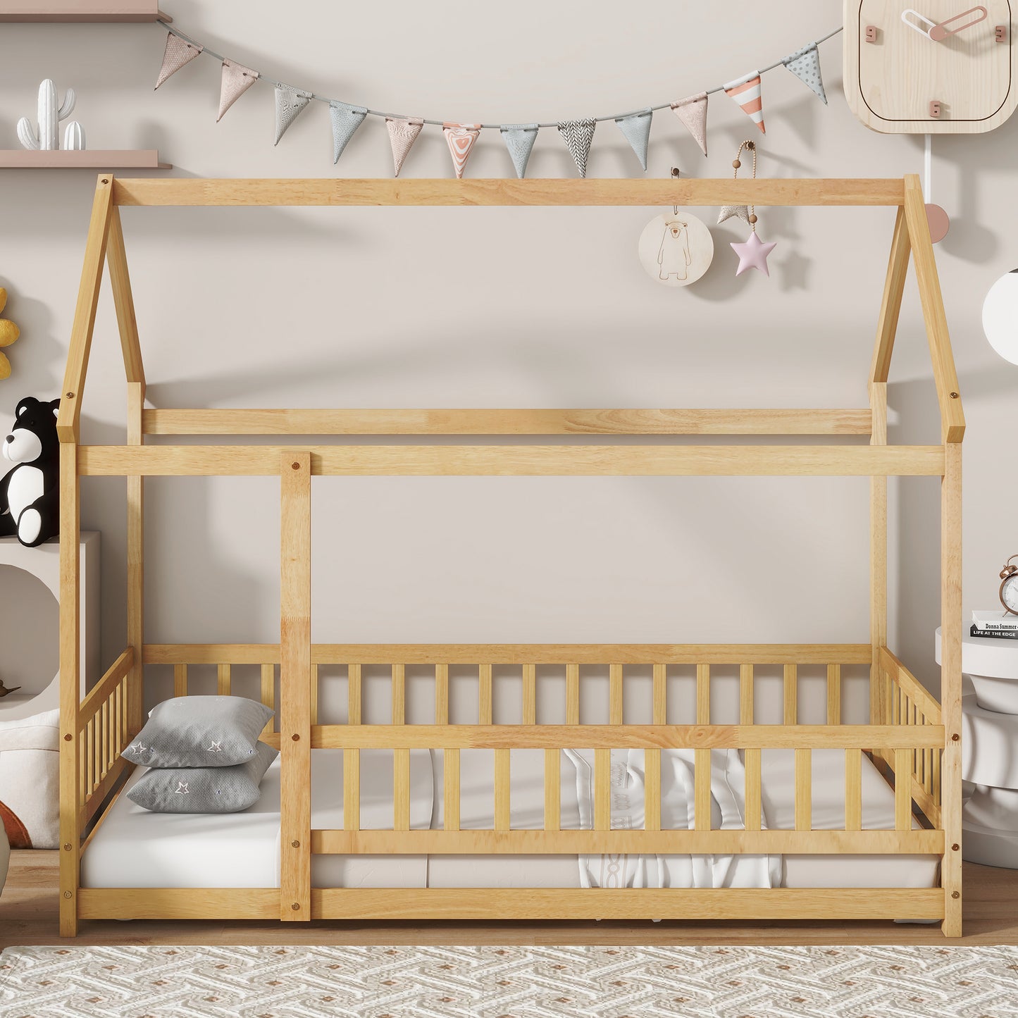 Twin Size House Floor Wooden Bed with Roof Frame,Safety Guardrails,Natural (Old Sku W504P286404) image 1