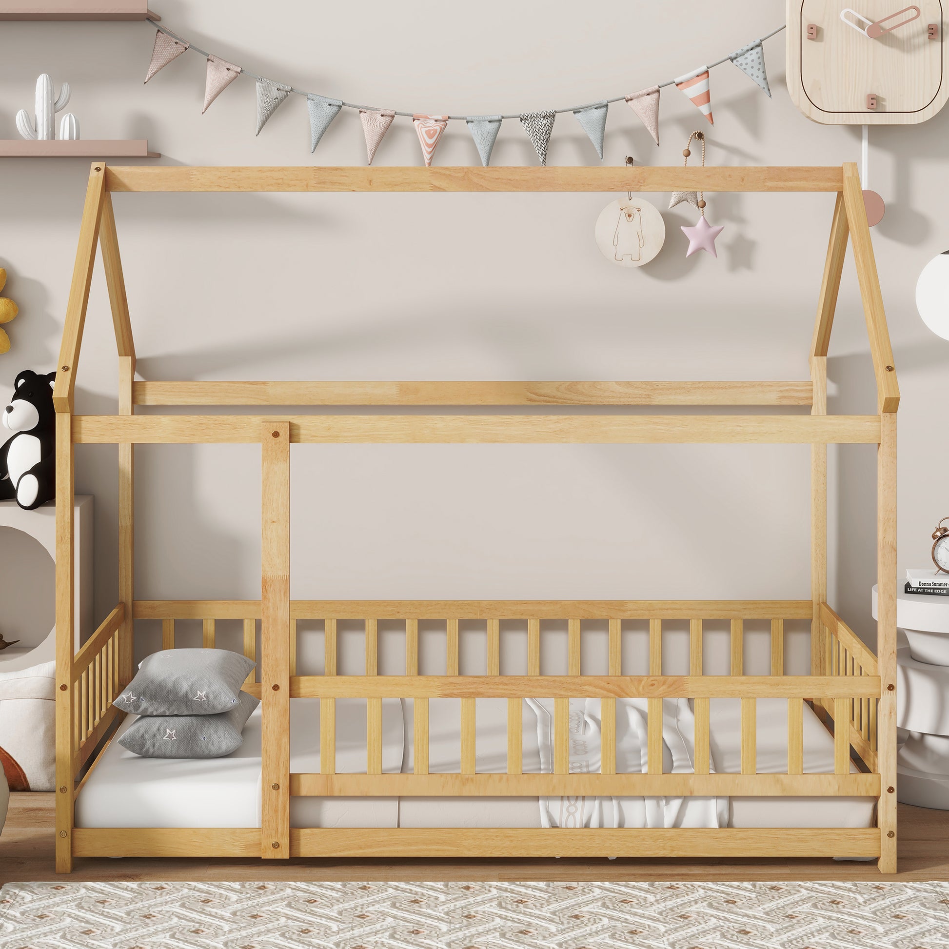 Twin Size House Floor Wooden Bed with Roof Frame,Safety Guardrails,Natural (Old Sku W504P286404) image 1