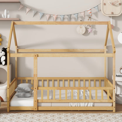 Twin Size House Floor Wooden Bed with Roof Frame,Safety Guardrails,Natural (Old Sku W504P286404) image 1