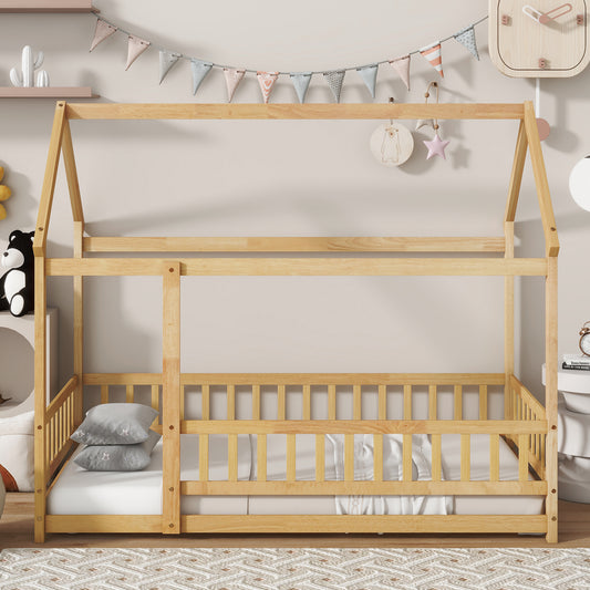 Twin Size House Floor Wooden Bed with Roof Frame,Safety Guardrails,Natural (Old Sku W504P286404) image 1