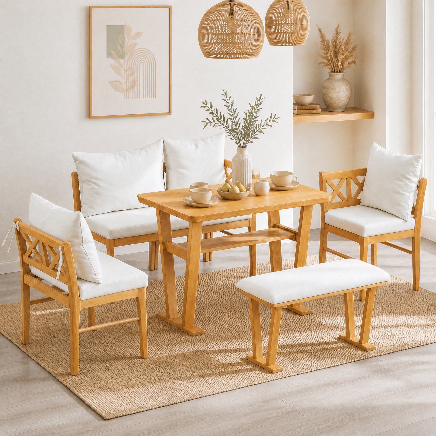 Small Farmhouse Solid Wood Kitchen Nook Dining Room Breakfast Nook Table Set for 6, Space Saving High Top Corner Dining Table with Bench and Chairs (6 Piece) image 1