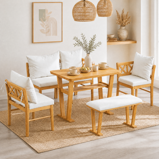 Small Farmhouse Solid Wood Kitchen Nook Dining Room Breakfast Nook Table Set for 6, Space Saving High Top Corner Dining Table with Bench and Chairs (6 Piece) image 1