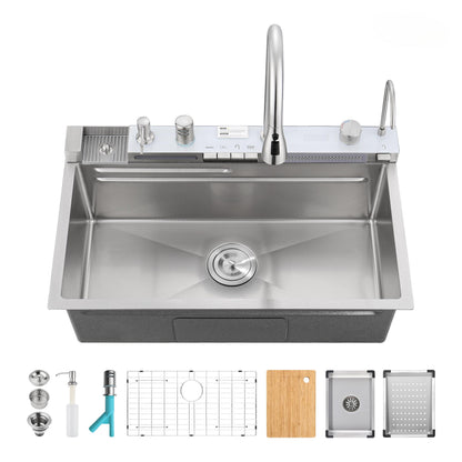 Pull-out Faucet Single Bowl Sink Kitchen Vegetable Sink 304 30"x18" Whale Waterfall Sink Stainless Steel Dish Sink wIth Dishwasher Accessories Household Vegetable Washing Basin, Dark Gray image 1