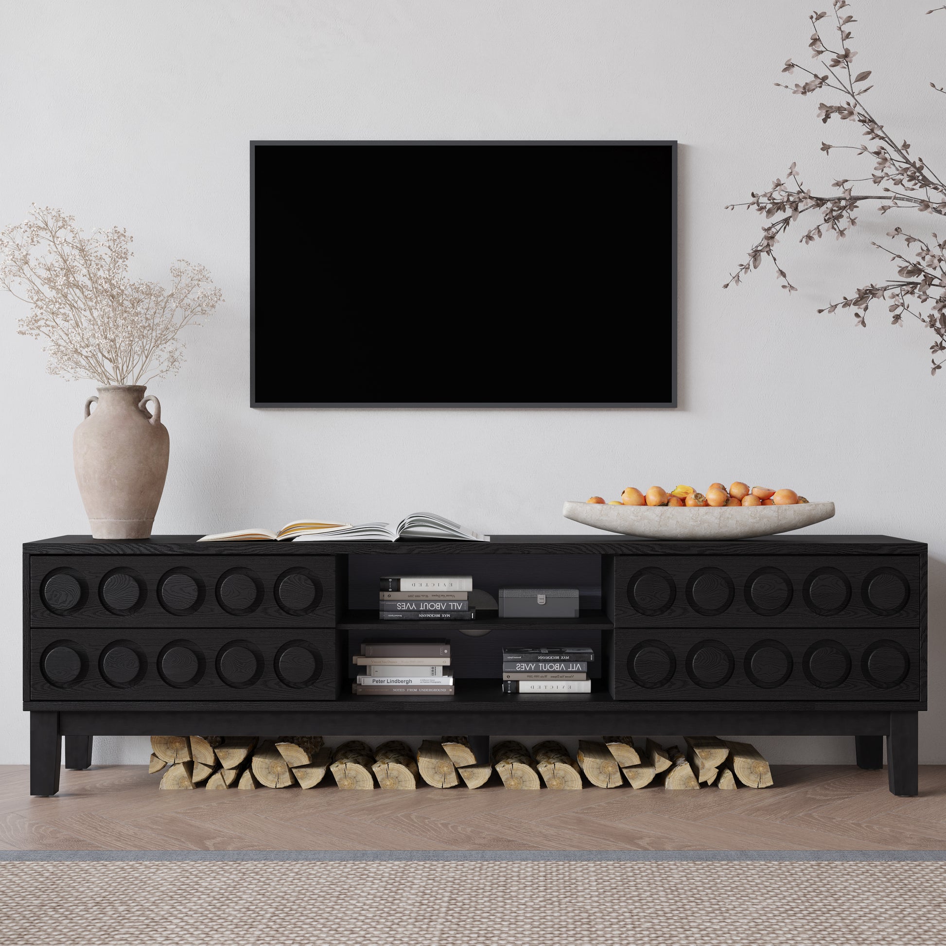 Modern Mid-Century Media Console with 4 Drawers and Cable Management, TV Console Table for TVs up to 75",Entertainment Center for Living Room and Office(Black) image 6