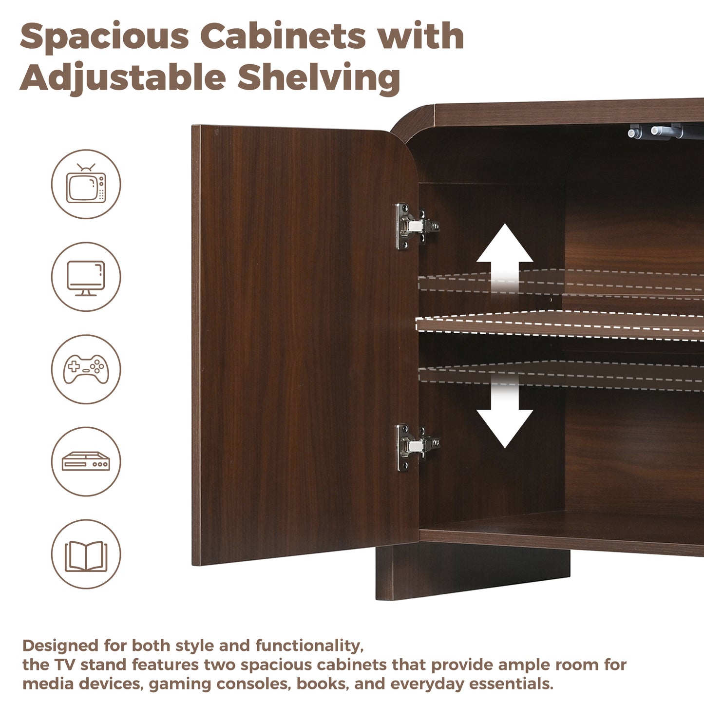 Farmhouse Curved Edge TV Stand with Large Cabinets for TVs up to 70", Minimalist Wood Grain Media Console with Cable Management, Mid Century TV Cabinet with Adjustable Shelves for Living Room, Walnut image 4