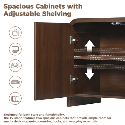 Farmhouse Curved Edge TV Stand with Large Cabinets for TVs up to 70", Minimalist Wood Grain Media Console with Cable Management, Mid Century TV Cabinet with Adjustable Shelves for Living Room, Walnut image 4