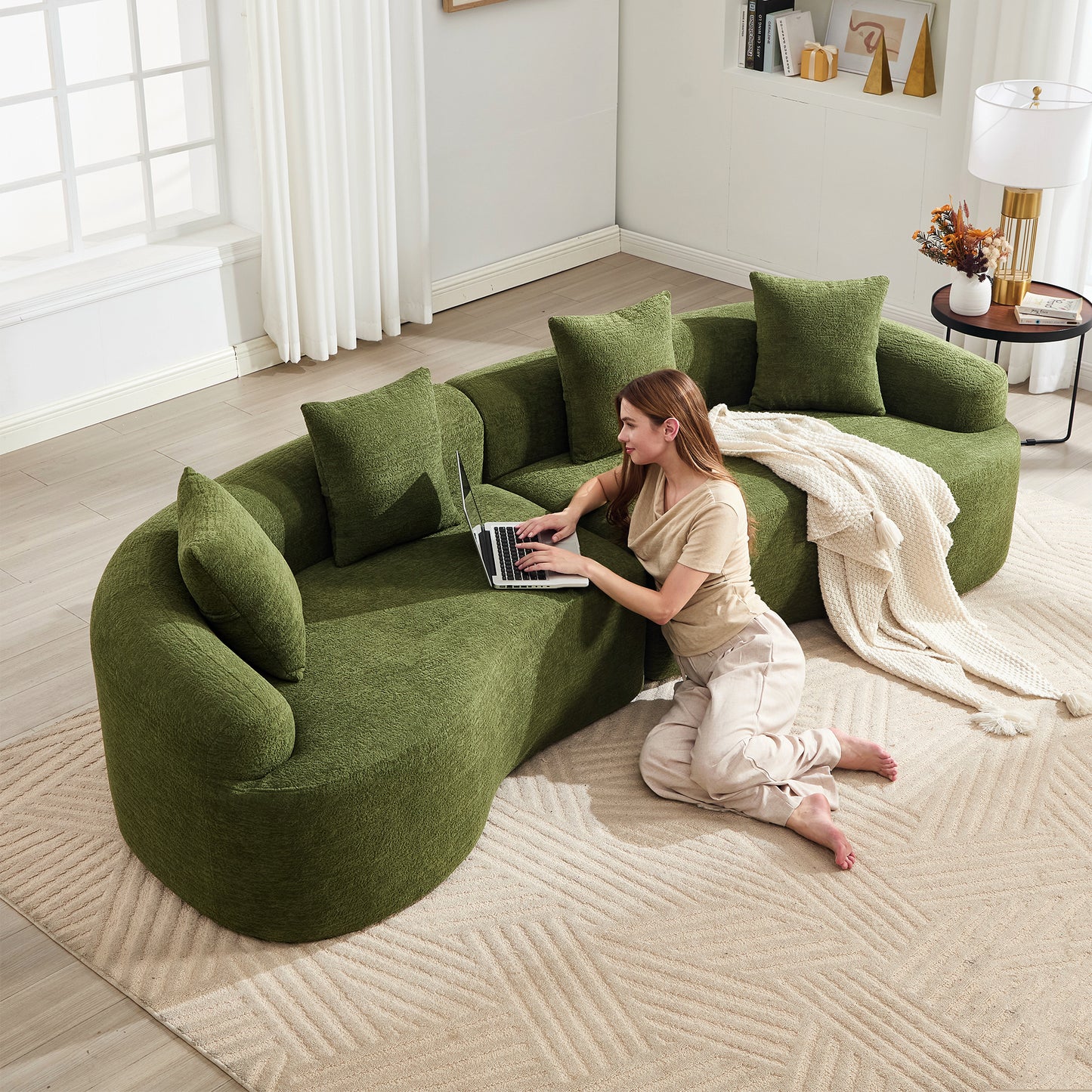 Curved Boneless Sofa,Compression Modular 110'' Sectional,Green High-Density,Couches Sleeper for Living Room Bedroom Apartment Lounge,Chenille image 1