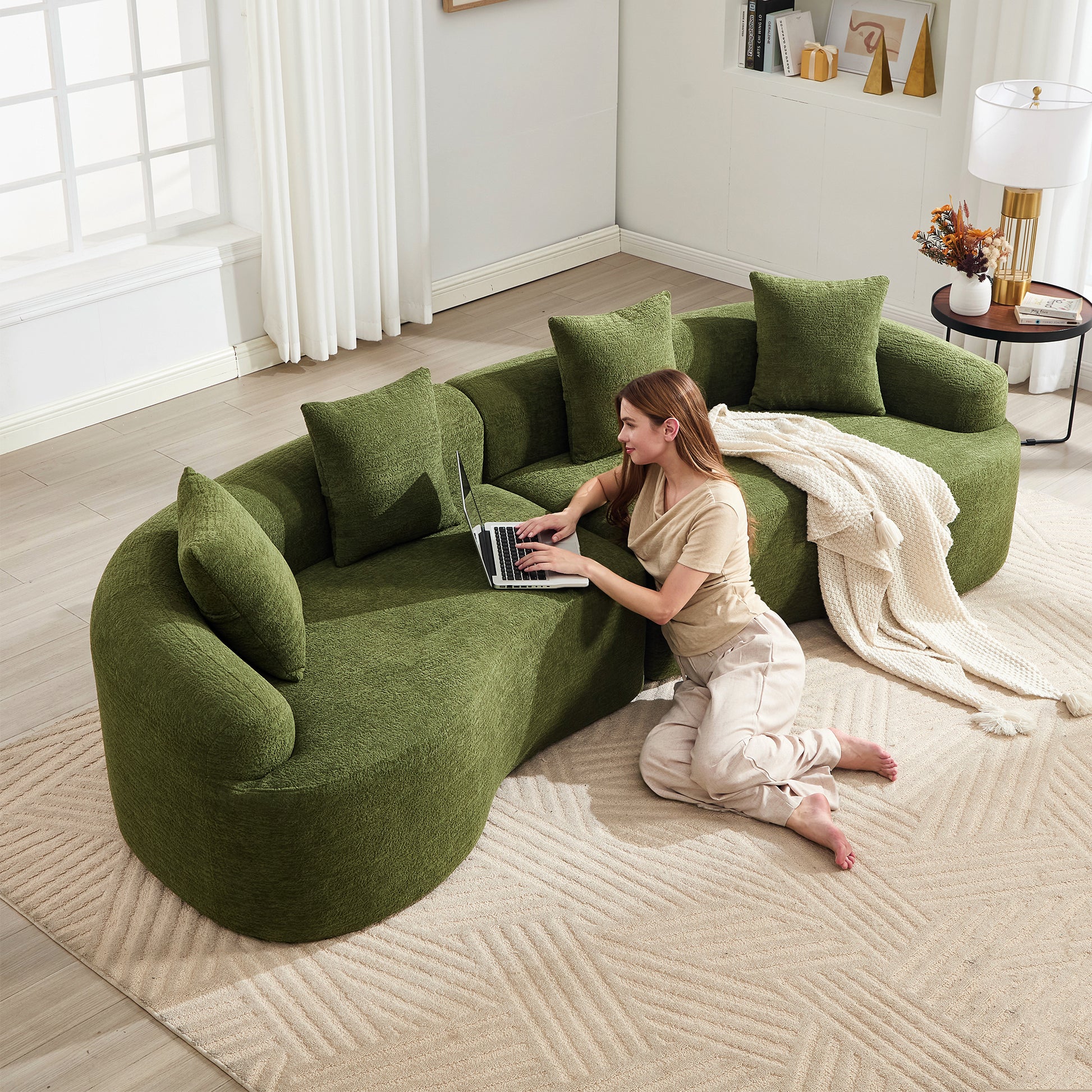 Curved Boneless Sofa,Compression Modular 110'' Sectional,Green High-Density,Couches Sleeper for Living Room Bedroom Apartment Lounge,Chenille image 1