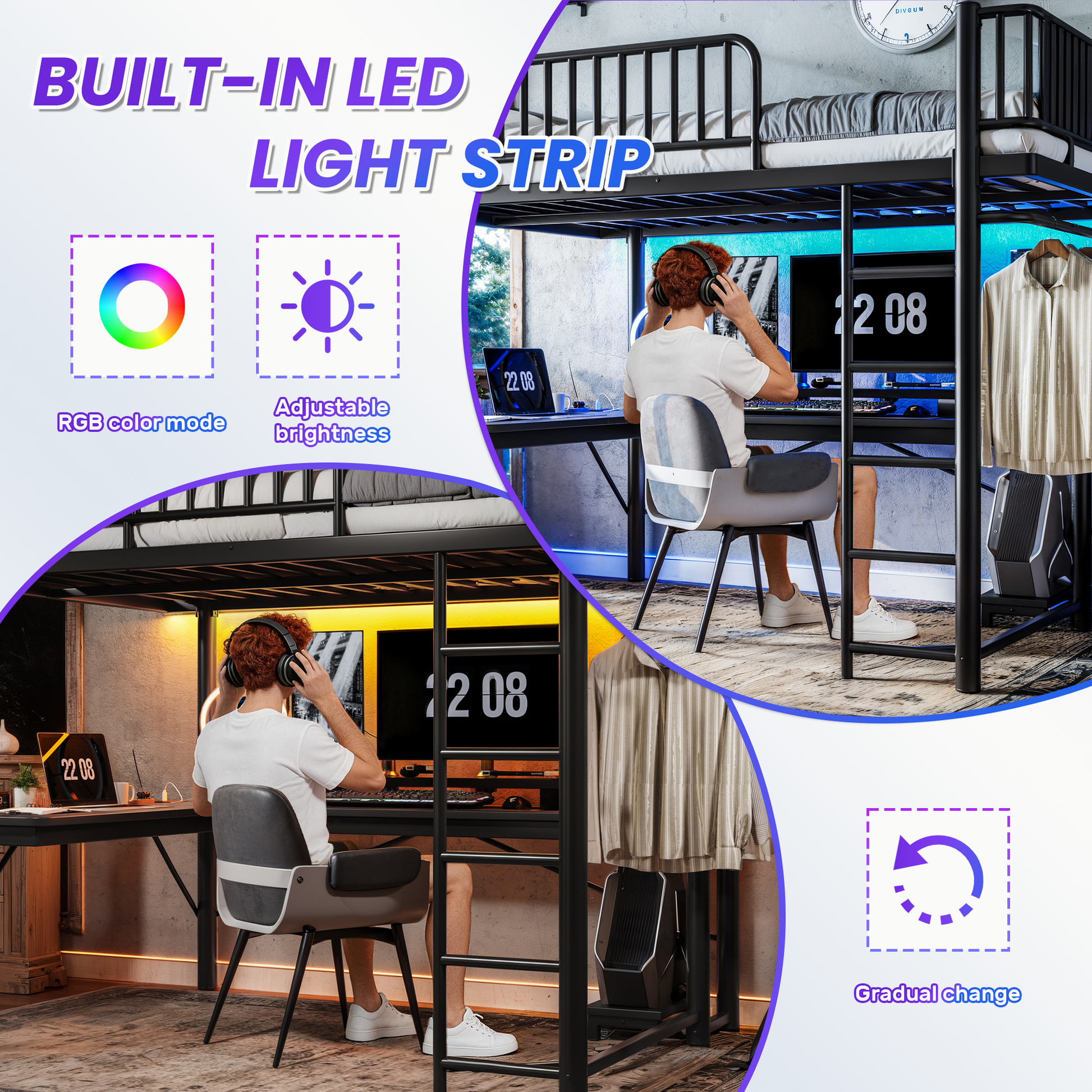 Queen Loft Bed with L-Shaped Desk,LED Light Strip and Charge Station, Metal Loft Bed with Computer Mainframe Tray and Hanging Area, Special Round Pipe Design, Black image 11