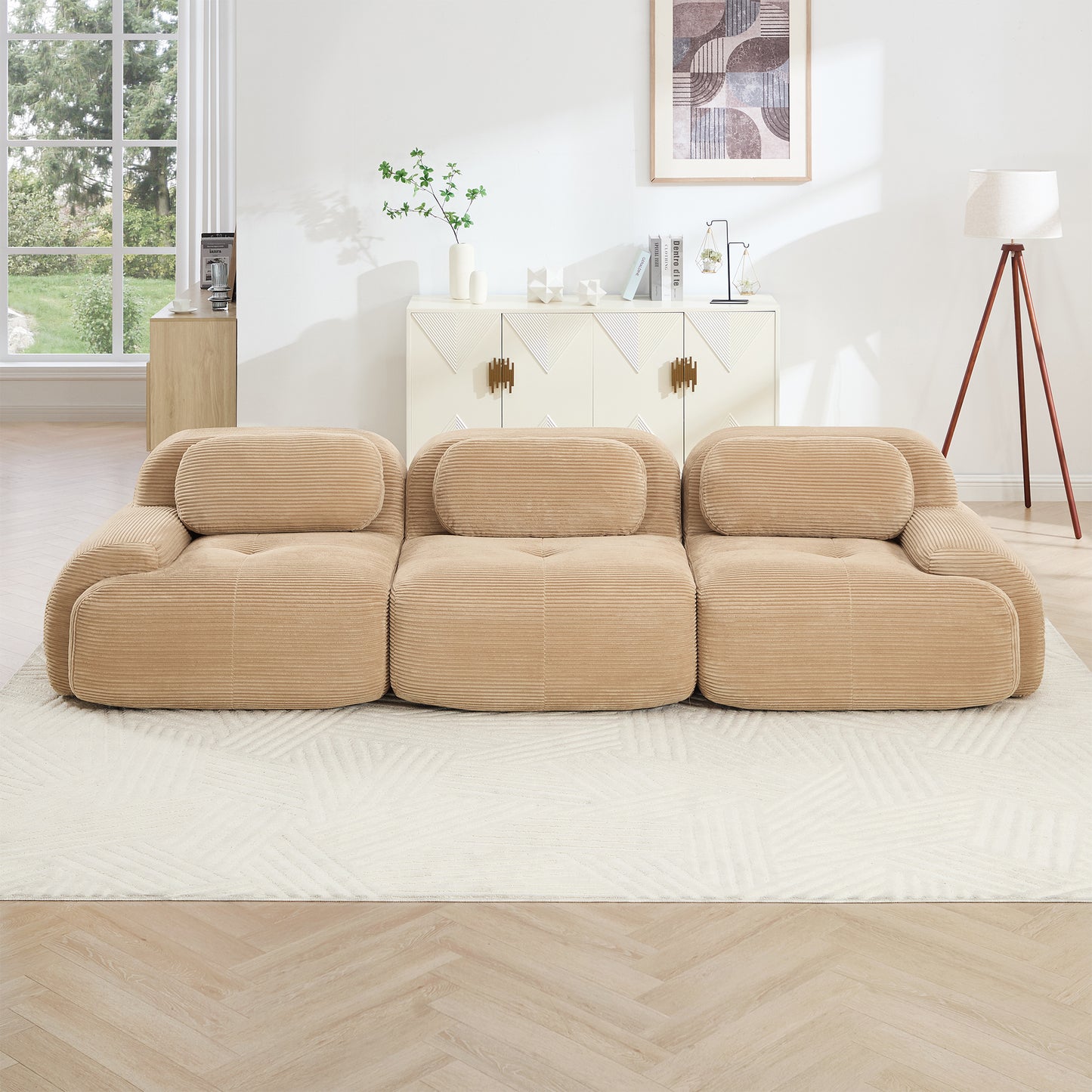 3-seat sofa premiumCorduroy Fabric fabric modular multi-combination anti-slip design no assembly curved armrests ergonomic support high-resilience sponge for living rooms bedrooms,Camel image 2