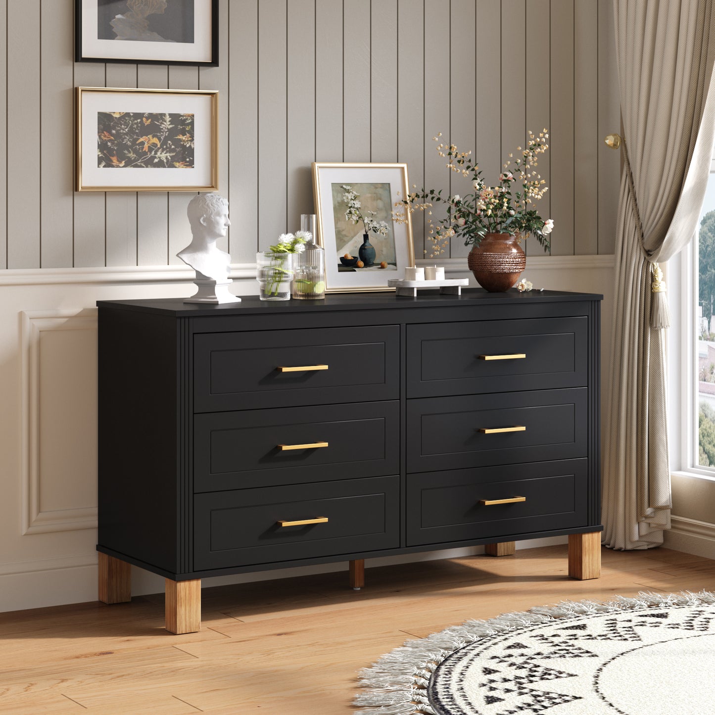 6-Drawer Double Dresser, Modern Storage Cabinet with Metal Handles & Solid Wood Legs, Dresser Drawer Organizer for Kids Bedroom, Heavy-Duty Wooden Dresser with Pre-Installed,Black image 2