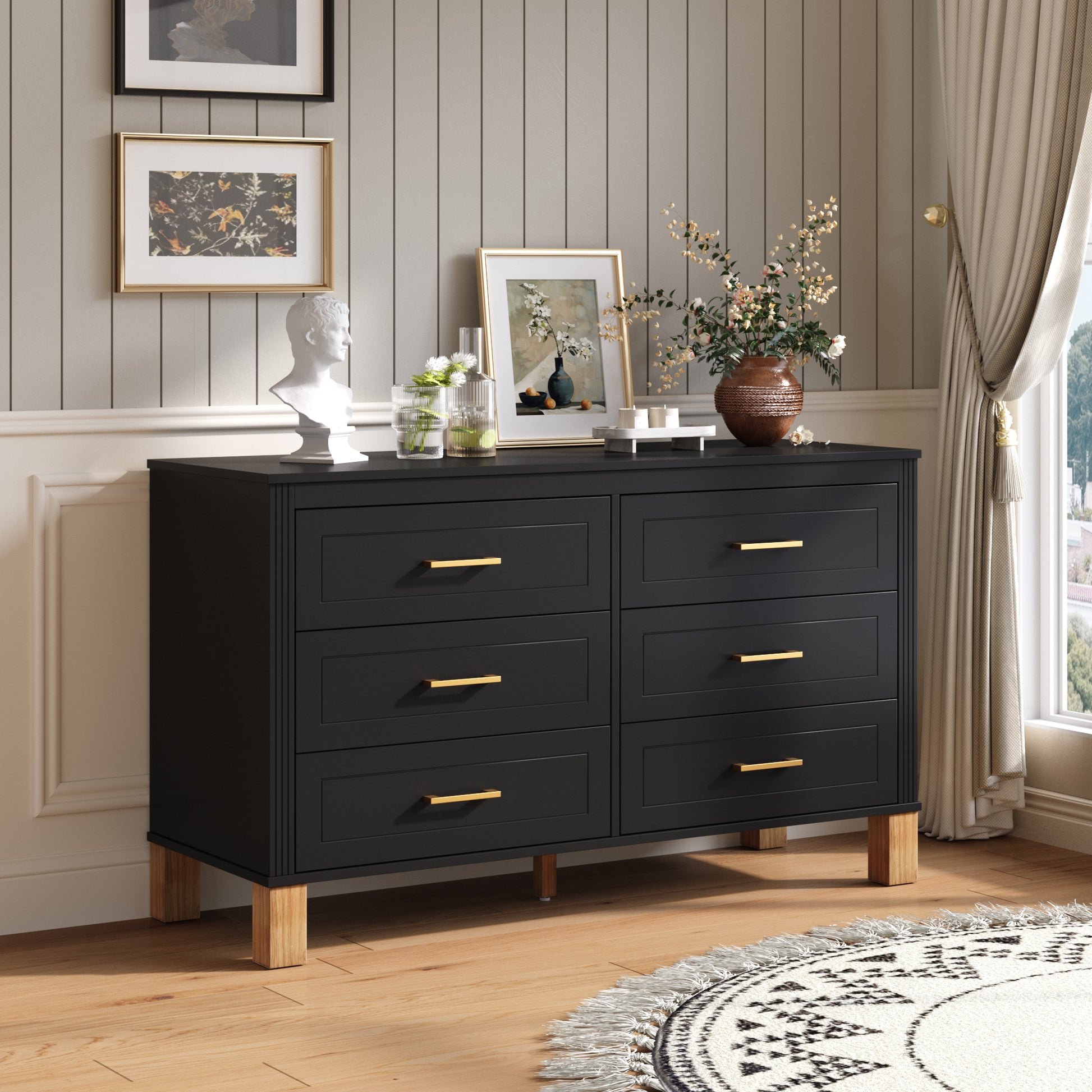 6-Drawer Double Dresser, Modern Storage Cabinet with Metal Handles & Solid Wood Legs, Dresser Drawer Organizer for Kids Bedroom, Heavy-Duty Wooden Dresser with Pre-Installed,Black image 2