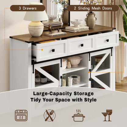 U_Style 55'' Sliding Barn Door Sideboard Buffet Cabinet with 3 Drawers, Adjustable Shelves, Metal Mesh & Particleboard Doors, Aluminum Handles, Industrial Storage for Living or Dining Room image 5