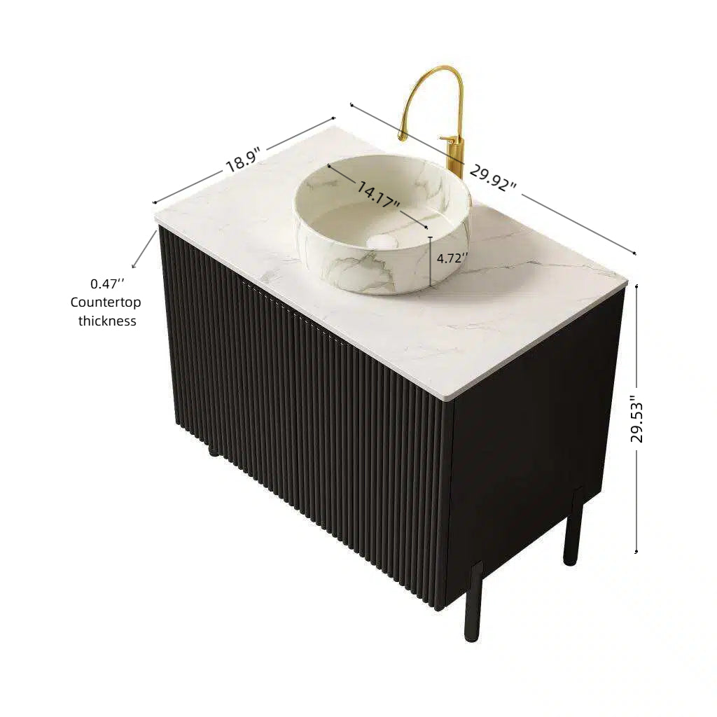 TURIO 30" Bathroom Vanity with Sink, Freestanding Bathroom Storage Cabinet with 2 Doors, White Round Ceramic Basin with Stone Pattern and Carrara White Counter Top, No Faucet, Black Color image 5