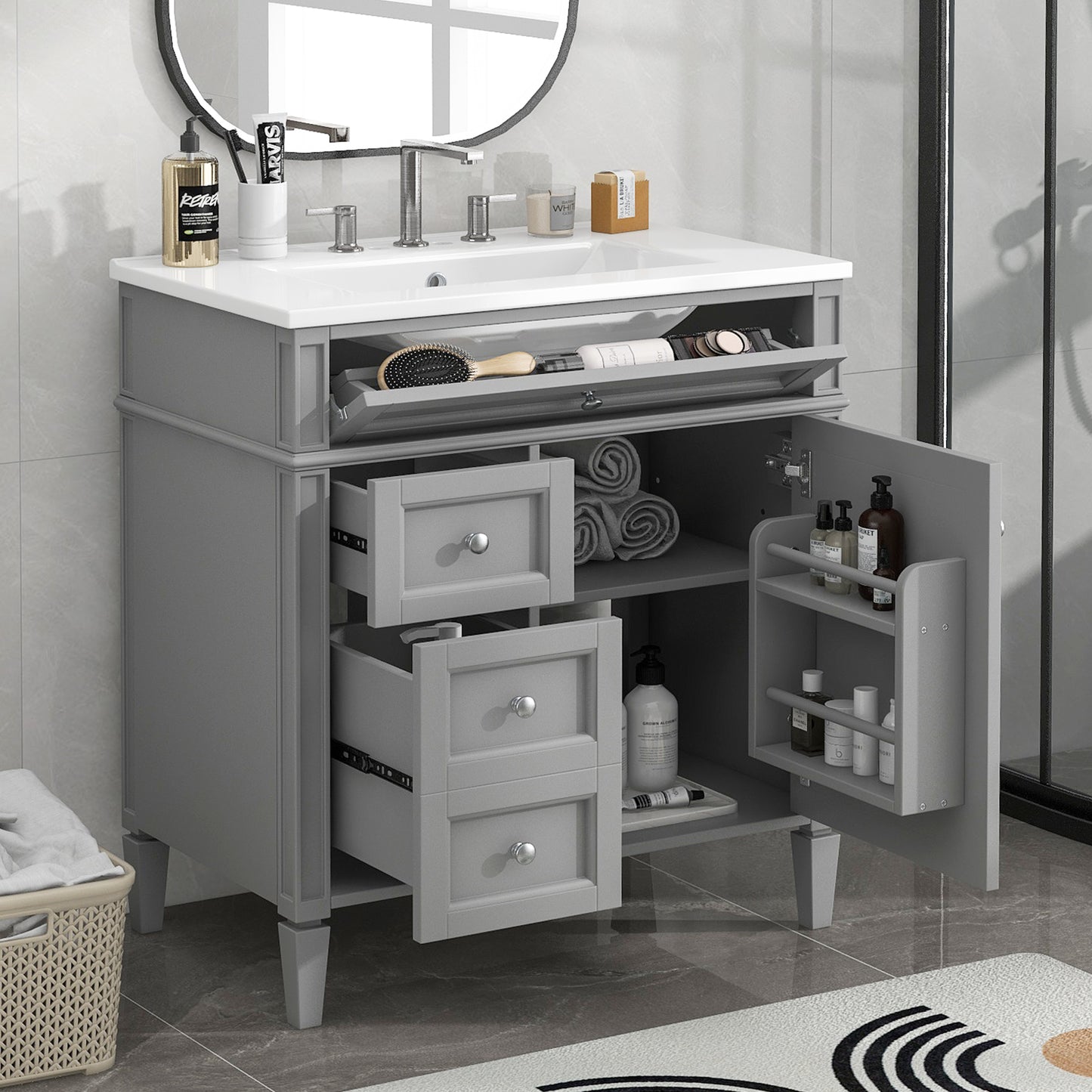 30'' Bathroom Vanity with Top Sink, Modern Bathroom Storage Cabinet with 2 Drawers and a Tip-out Drawer, Single Sink Bathroom Vanity image 3