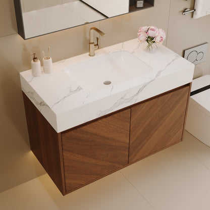 30" Modern Wall-Mounted Bathroom Vanity with Ceramic Sink – Brown Oak, Soft-Close image 5