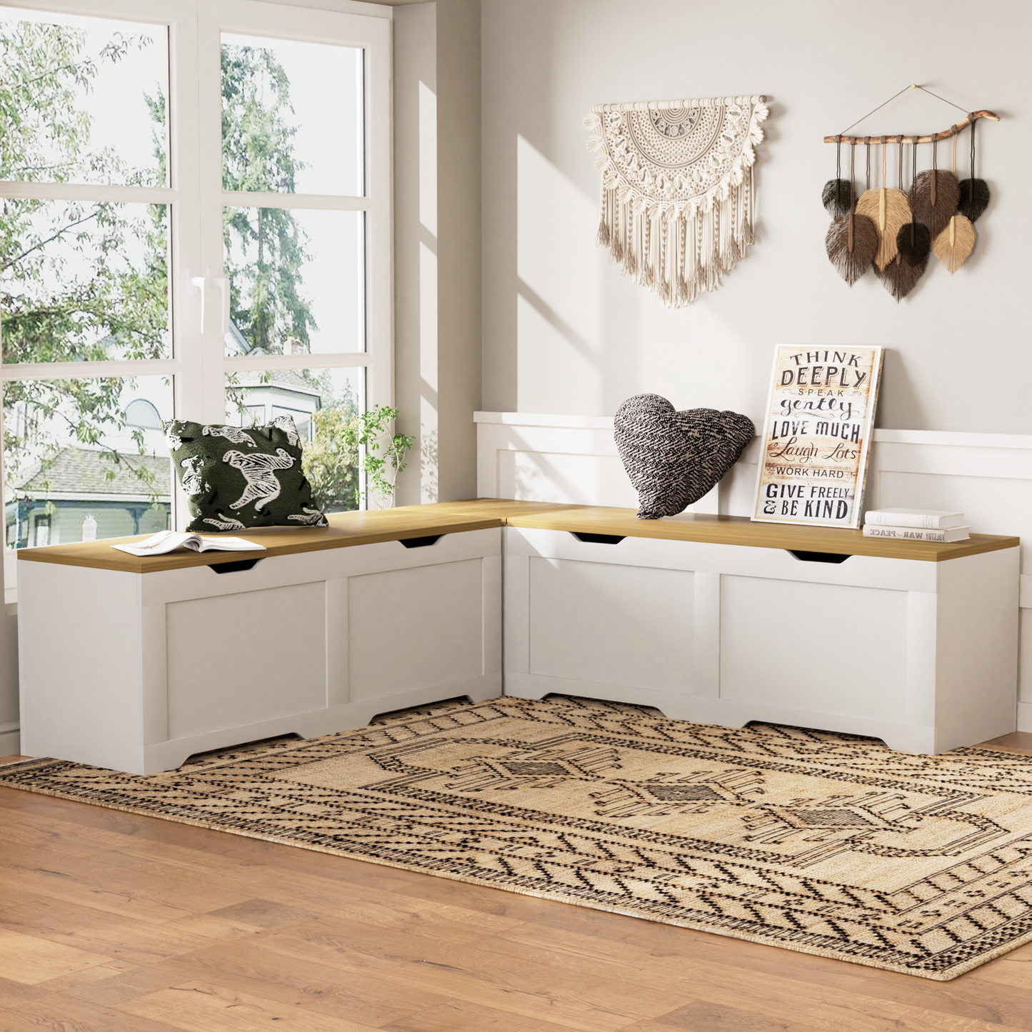 3-Piece L-Shaped Multi-Functional Storage Bench with Cushion, serving as a kitchen corner bench, toy storage box, or reading nook seat., White and Natural, 63"D x 63"W x 19.1"H image 2