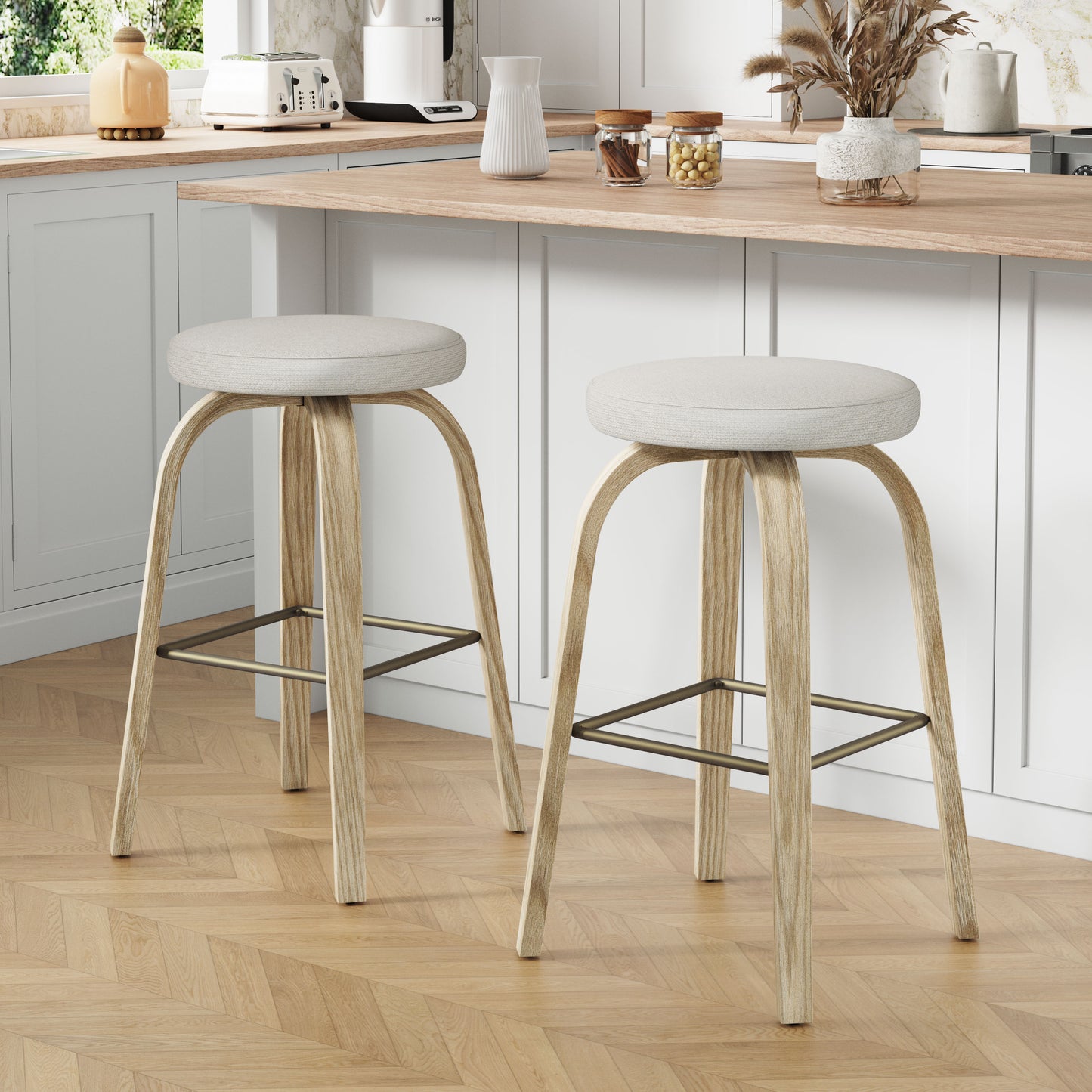 AILUNWALL Swivel Bar Stools Set of 2, Bar Height Backless 30″ Bar Stool, Fabric Upholstered Seat, Sturdy Wood Legs and Metal Footrest, Mid-Century Modern Island Stool for Home Bars, Restaurants, Beige image 1
