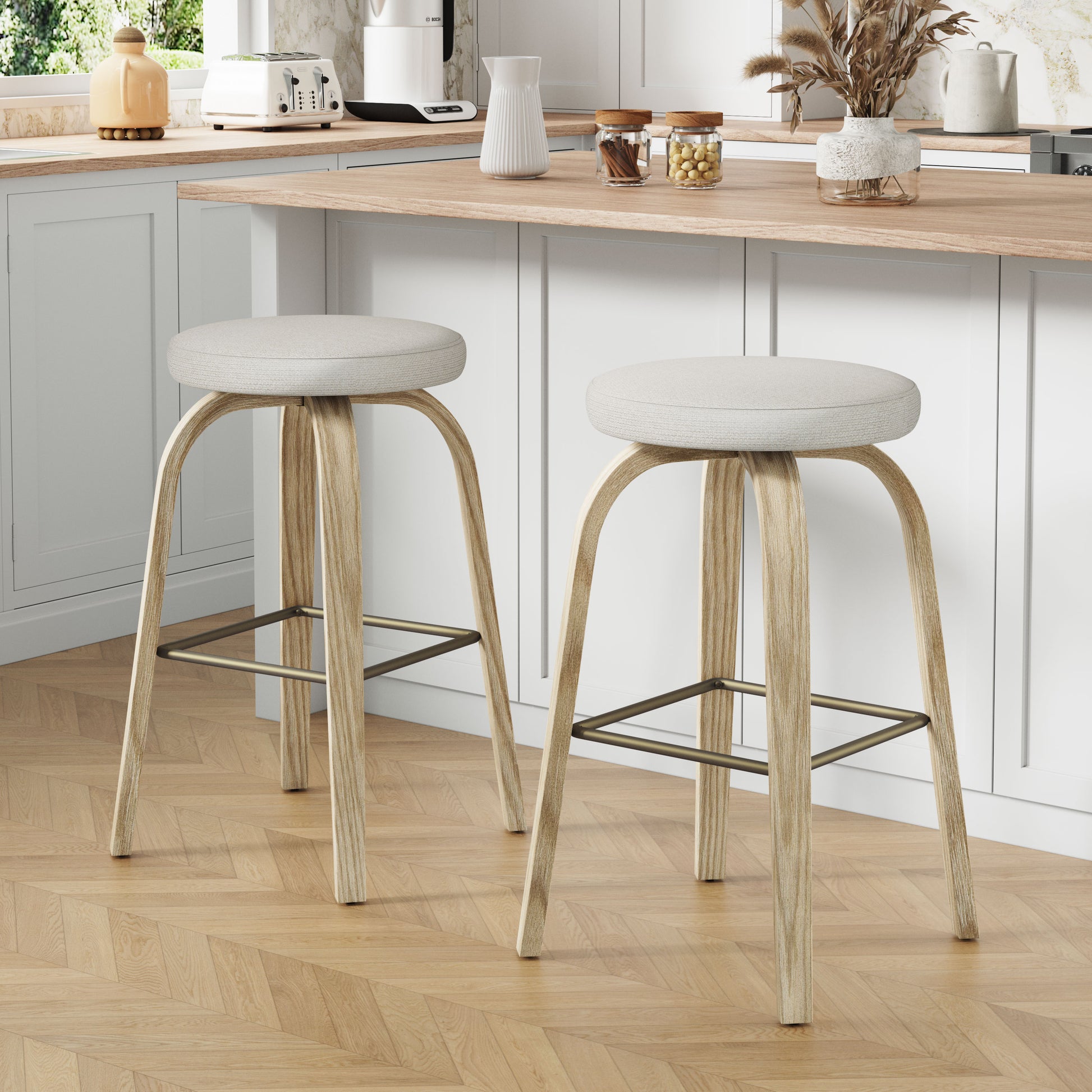 AILUNWALL Swivel Bar Stools Set of 2, Bar Height Backless 30″ Bar Stool, Fabric Upholstered Seat, Sturdy Wood Legs and Metal Footrest, Mid-Century Modern Island Stool for Home Bars, Restaurants, Beige image 1