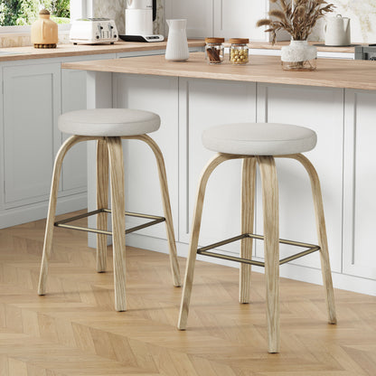 AILUNWALL Swivel Bar Stools Set of 2, Bar Height Backless 30″ Bar Stool, Fabric Upholstered Seat, Sturdy Wood Legs and Metal Footrest, Mid-Century Modern Island Stool for Home Bars, Restaurants, Beige image 1