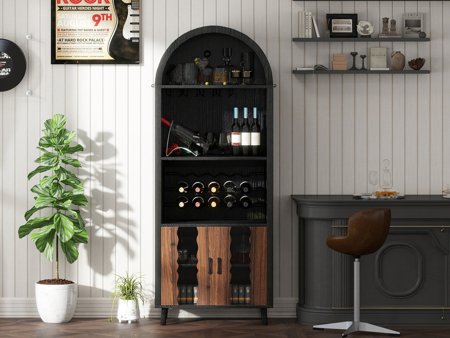71"Farmhouse Arched Wine Bar Cabinet: tall arched display cabinet, arch black cabinets &coffee bar, whiskey station with wine rack and Wine Glass Holder - Liquor Bars Cabinet for Living Dining Room image 10