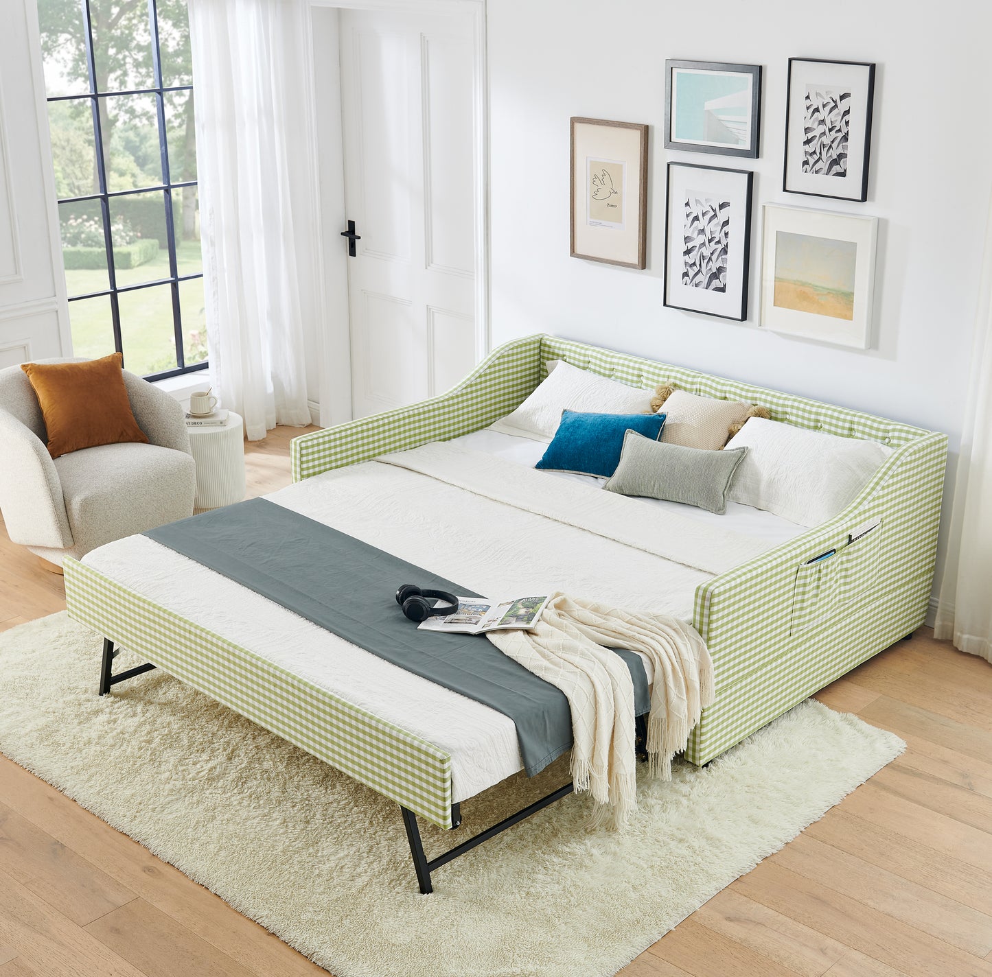 Full‑Size Daybed,Upholstered Convertible Daybed with Tufted Button Backrest, 3‑in‑1 Versatile Sofa Bed with Pull‑Out Trundle & Side Storage, Perfect for Compact Living-Green image 2