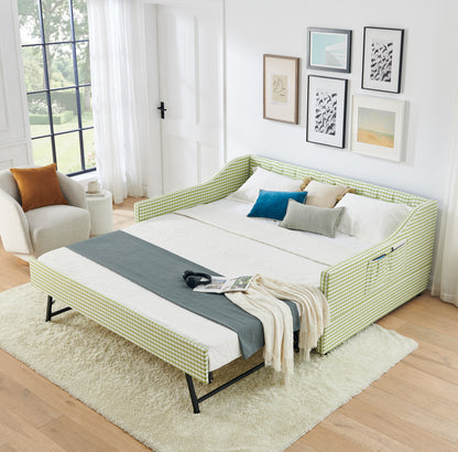 Full‑Size Daybed,Upholstered Convertible Daybed with Tufted Button Backrest, 3‑in‑1 Versatile Sofa Bed with Pull‑Out Trundle & Side Storage, Perfect for Compact Living-Green image 2