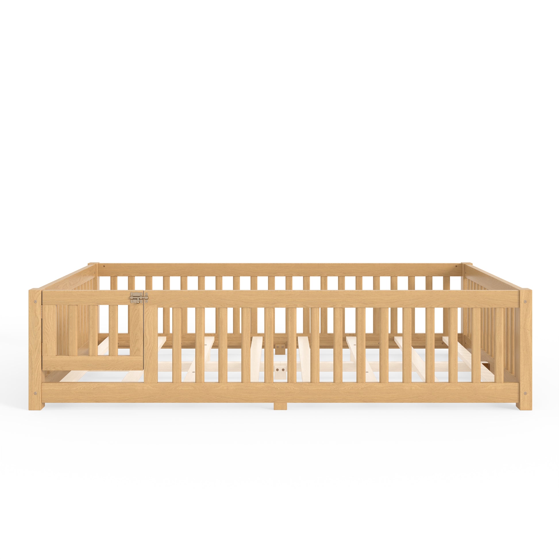 Queen Size Bed Floor Bed with Safety Guardrails and Door for Kids, Natural image 11