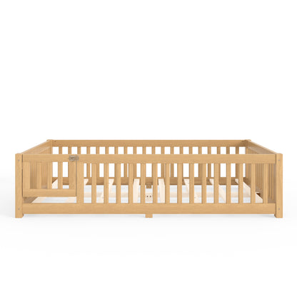 Queen Size Bed Floor Bed with Safety Guardrails and Door for Kids, Natural image 11