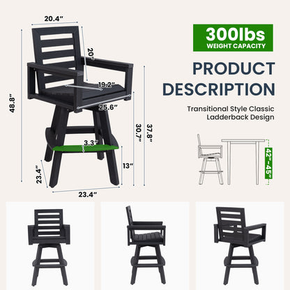 Outdoor Swivel Bar Stools, Carbon HDPE High-Density Polyethylene Patio Bar Chair with 360° Swivel & Ladderback, All-Weather Bar Height Stool for Deck, Porch, Poolside, Hot-Embossed Wood Grain image 8