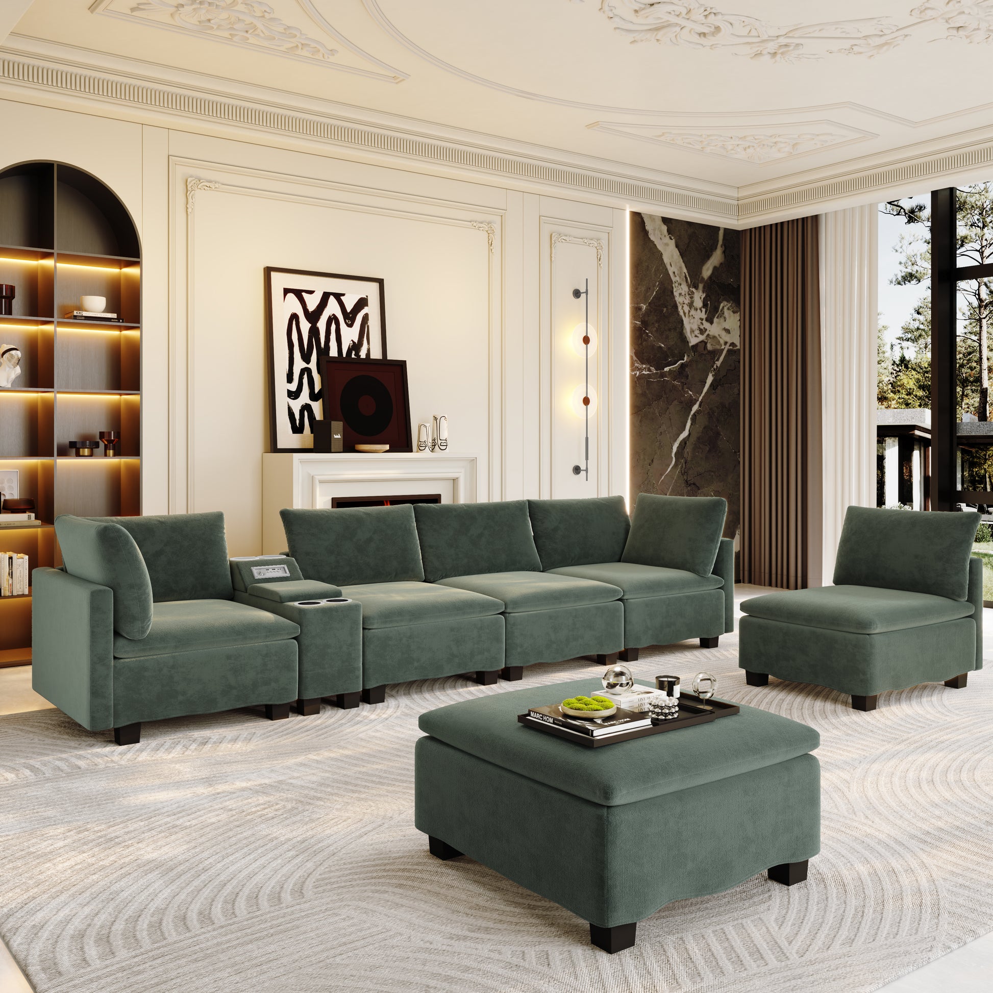 121.2" Modular U-Shaped Cloud Sectional Sofa with Movable Ottoman, Chenille Convertible Sofa Bed with Hidden Storage & USB Ports & Cup Holders & Bluetooth Speaker for Living Room, Apartments, Green image 6