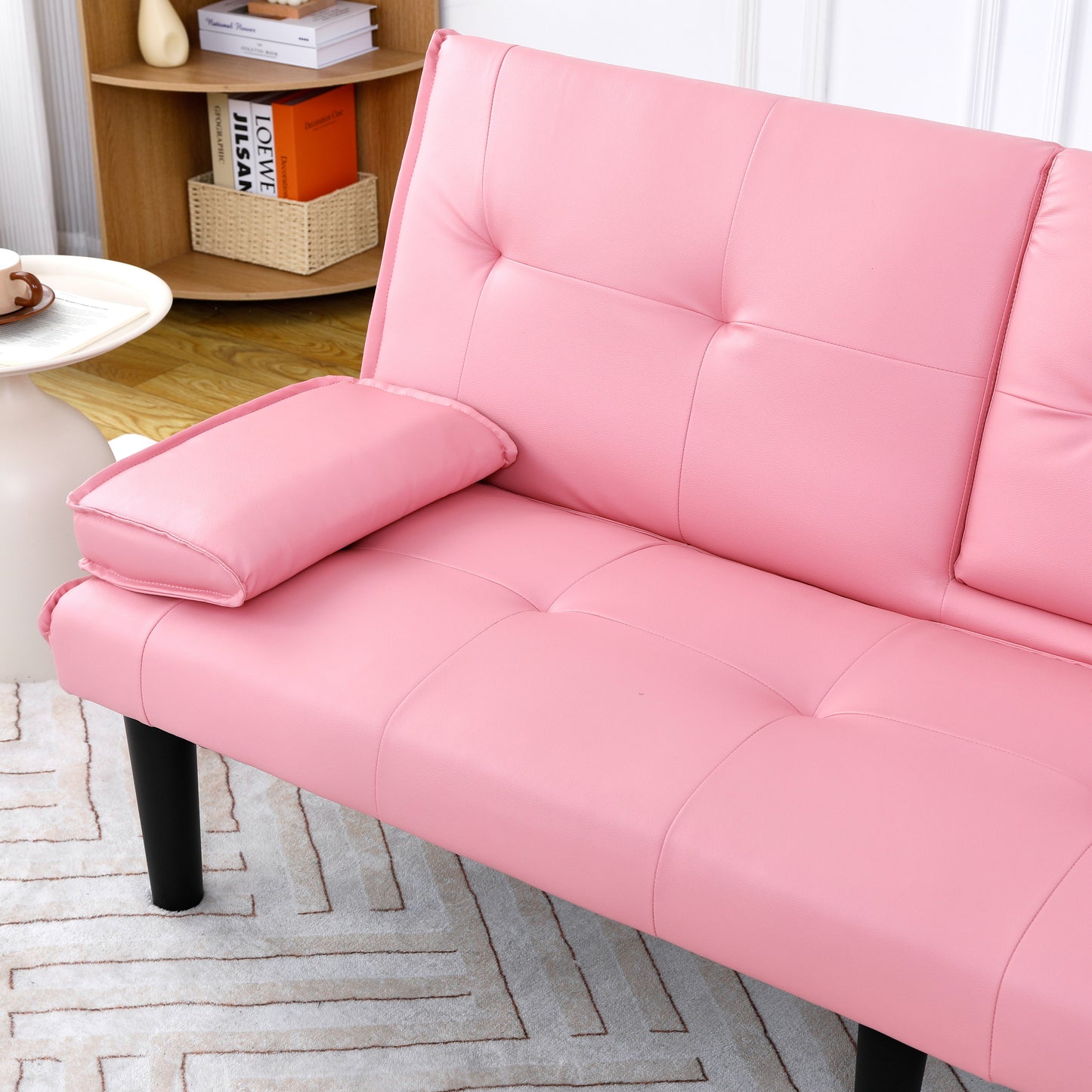The 67-inch pink PVC multi-functional sofa bed, with a foldable and cup holder design, makes it extremely convenient to turn the living room into a guest room image 7