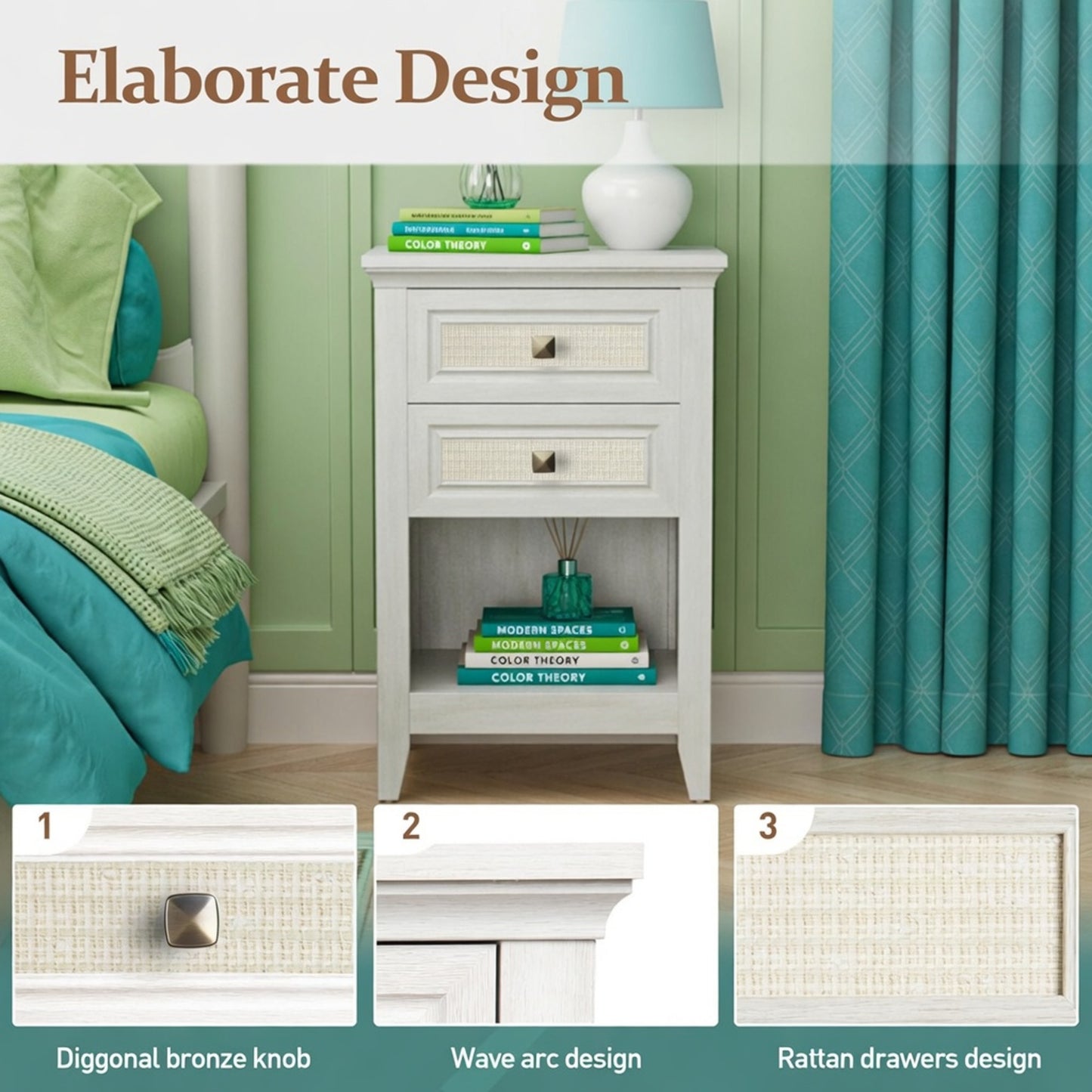 Set of 2 - 17.7" Wide White Rattan Nightstand w/ 2 Drawers - Boho 27" Tall Bedside Table for Small Spaces & Bedroom image 4