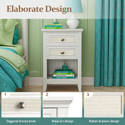 Set of 2 - 17.7" Wide White Rattan Nightstand w/ 2 Drawers - Boho 27" Tall Bedside Table for Small Spaces & Bedroom image 4