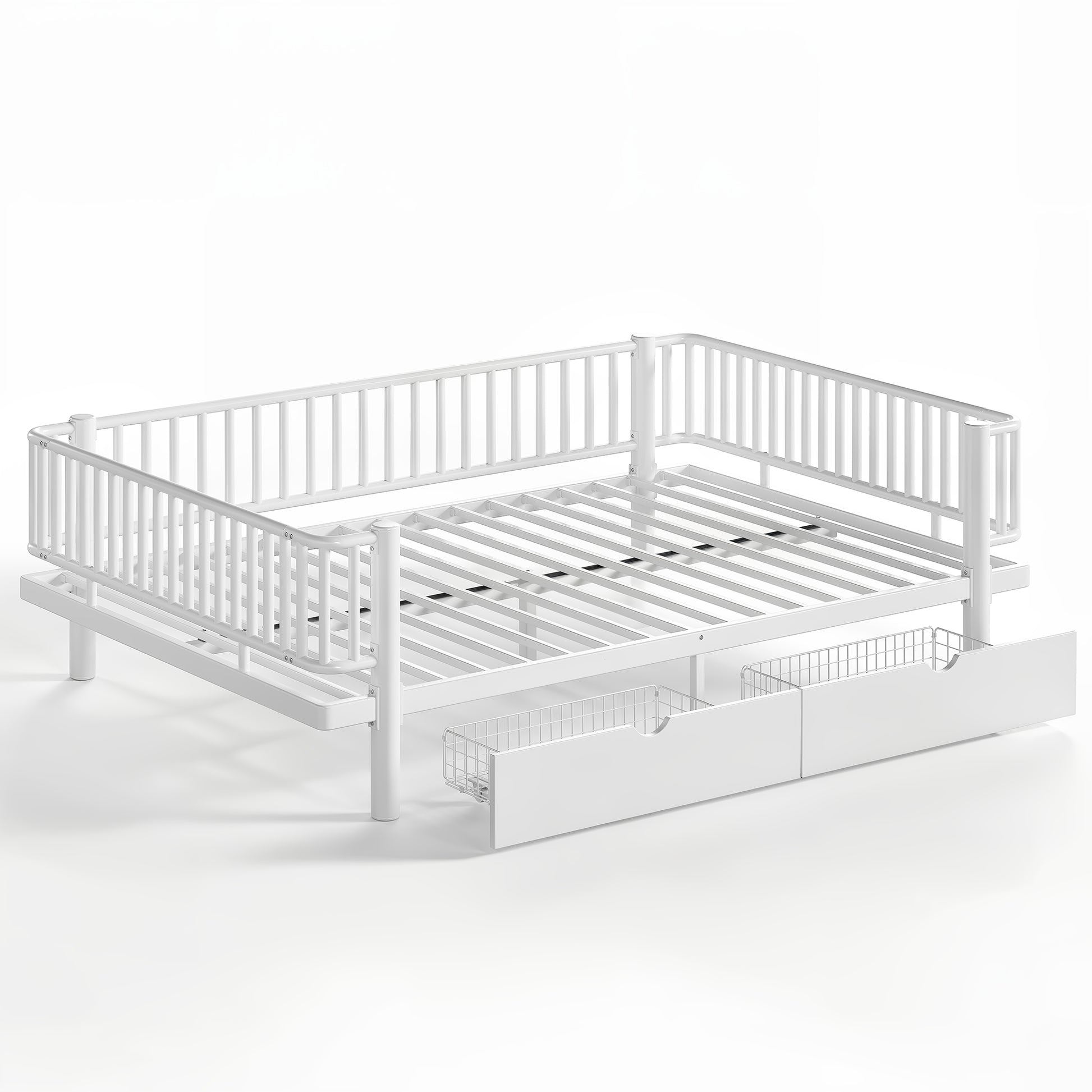 Queen Size Platform Bed with Storage Drawers, Metal Daybed Frame with Upgraded Safety Round-Pipe Design, Low Profile Design, White image 12