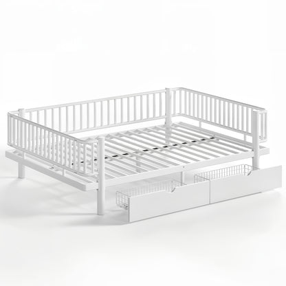 Queen Size Platform Bed with Storage Drawers, Metal Daybed Frame with Upgraded Safety Round-Pipe Design, Low Profile Design, White image 12