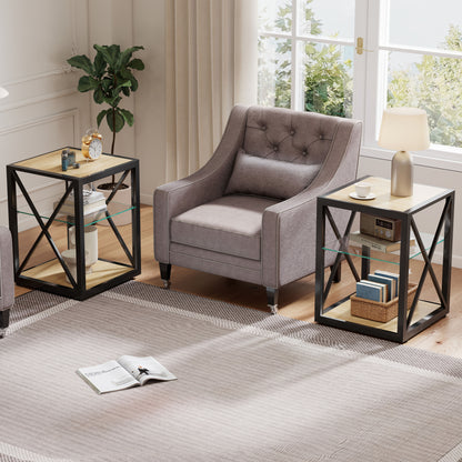 Set of 2 Modern End Table Nightstand for Bedroom & Living Room, Tempered Glass & Natural Wood MDF Top, Industrial Style Side Table image 2