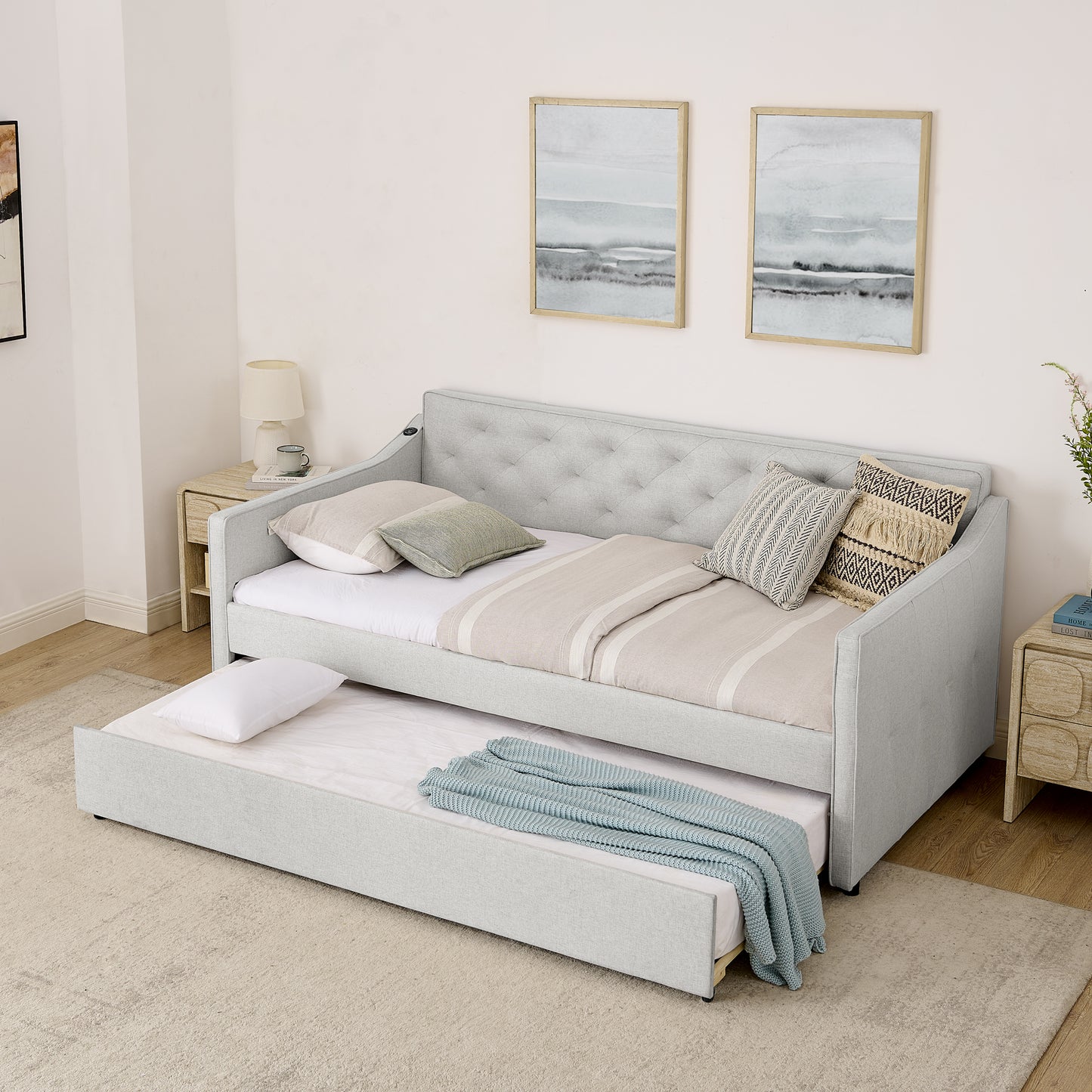 Twin Size Upholstery DayBed with Twin Size Pop-up Trundle and USB Charging Design image 3