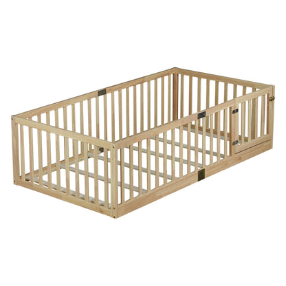 Twin Size Floor Bed with High Fence Railings, with Door, Rubber Wood Floor Bed with Safety Guardrails,Natural image 12