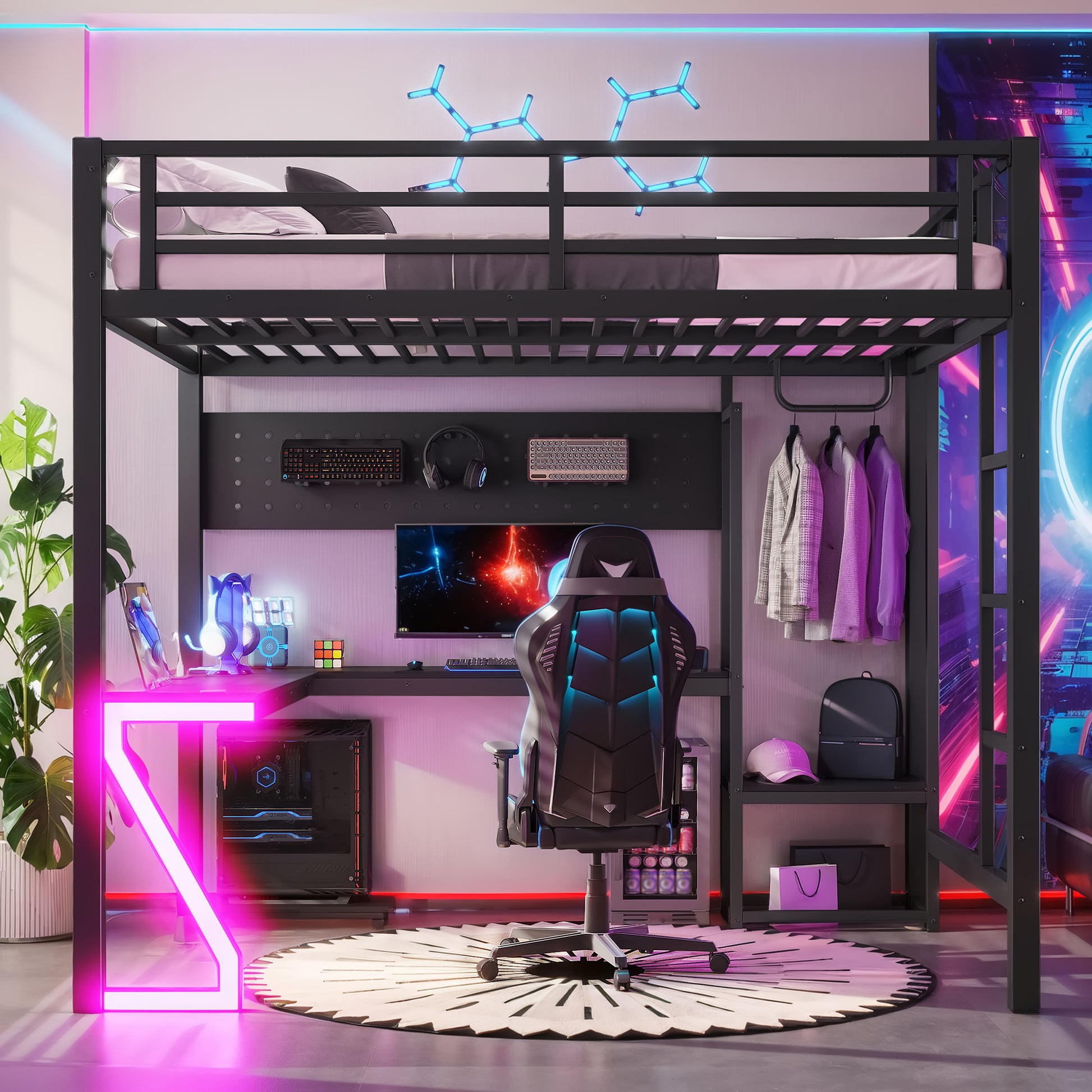 Full Loft Bed with L-shaped Desk and USB Ports, Metal Loft Bed with Computer Tray, Peg Board, and Gaming Style Z-shaped Lights, Black image 4