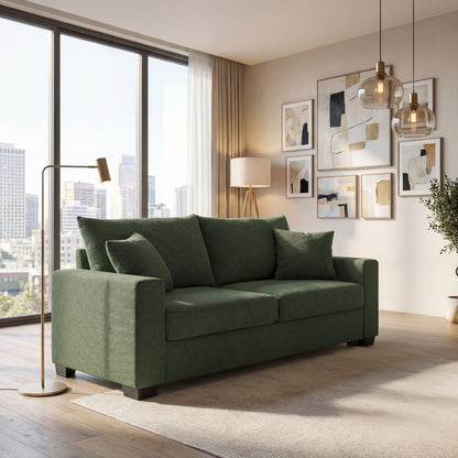 69-inch two-seater Sofa with Textured Fabric, Comfortable Upholstered Couch with 2 Throw Pillows and Sturdy Plastic Legs for Living Room, Apartment, Office, Dark Green image 3