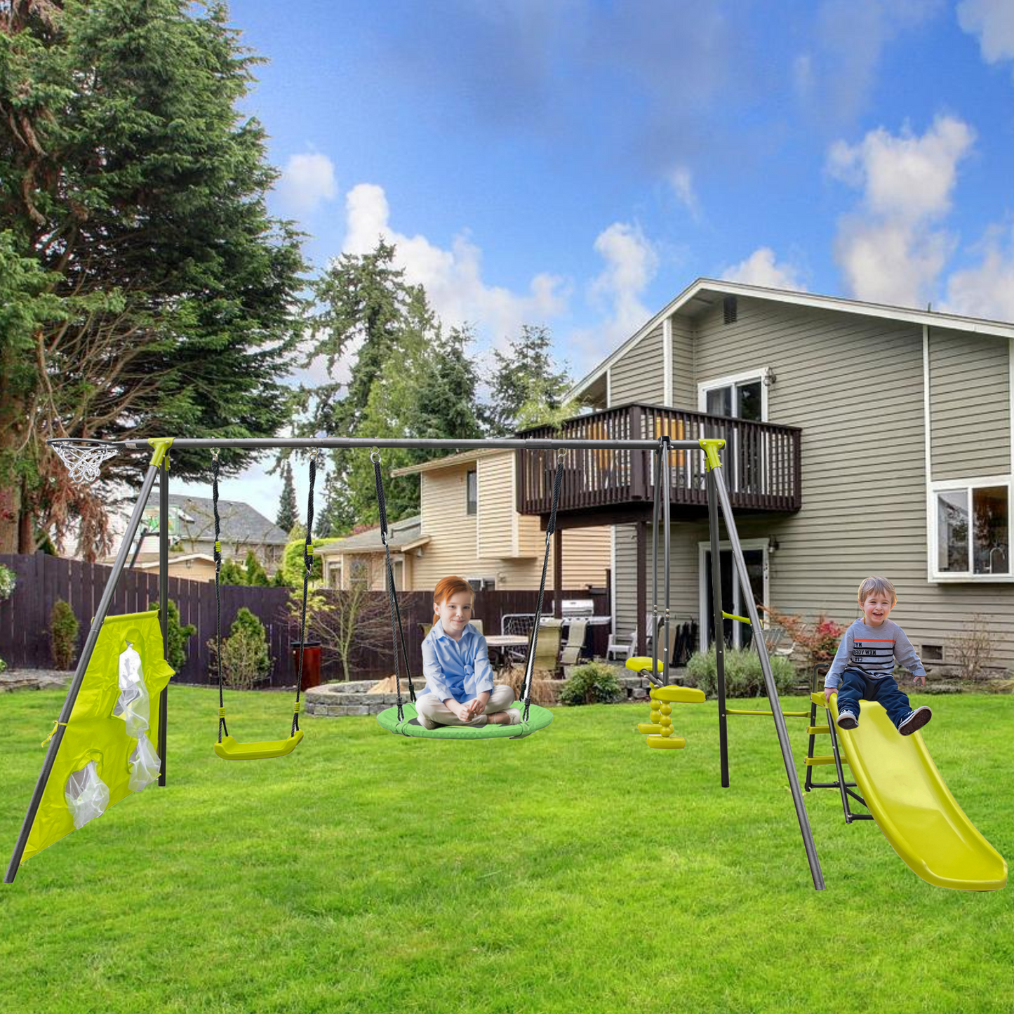 XNS052 green and blue interesting six function swingset with net swing metal plastic safe swing set 440lbs for outdoor playground for age 3+ with 31.5in net swing image 10