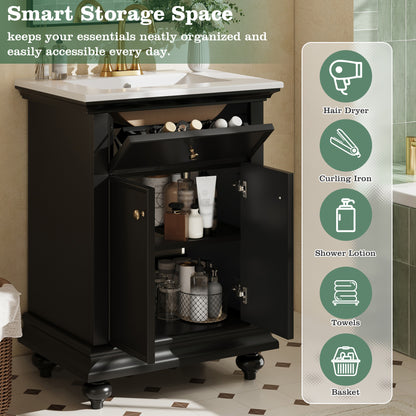 24" Modern Bathroom Vanity with A Tip-Out Drawer & Soft-Close Hinges, Bathroom Cabinet with Back Open Structure, Ball-Turned Legs with French Elegance image 7