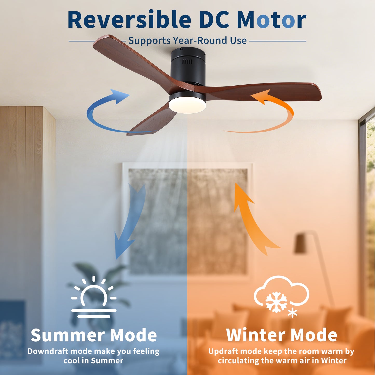 52 inch Mordern Matte Black Farmhouse Retro Solid Wood Low Profile Flush Mount Intergrated LED Ceiling Fan with Light image 8