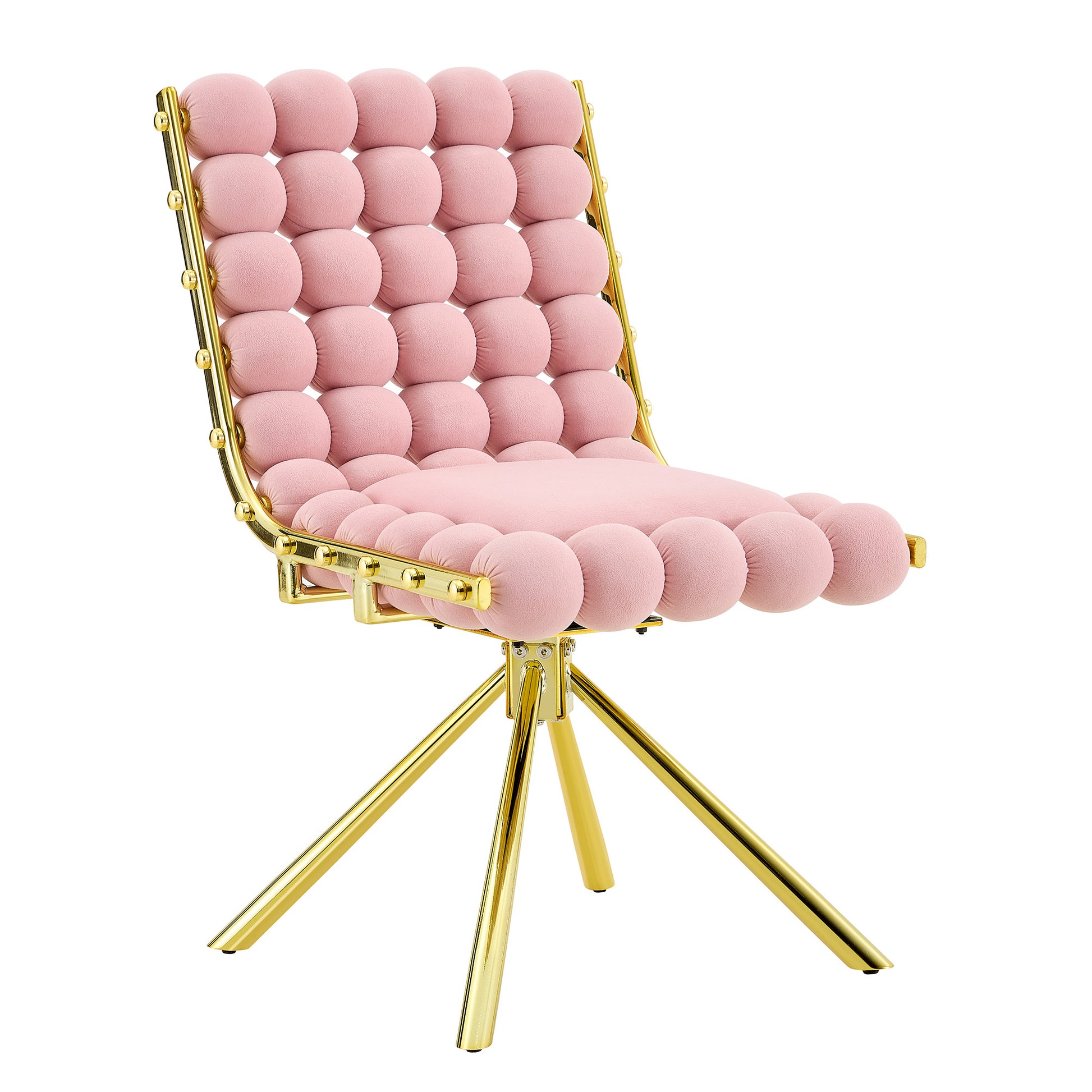 Set of 2 Modern Pink Bubble Tufted Accent Chair, Plush Velvet Swivel Chair with Gold Metal Legs, Ergonomic Armless Chair for Living Room, Bedroom & Dining Area image 10