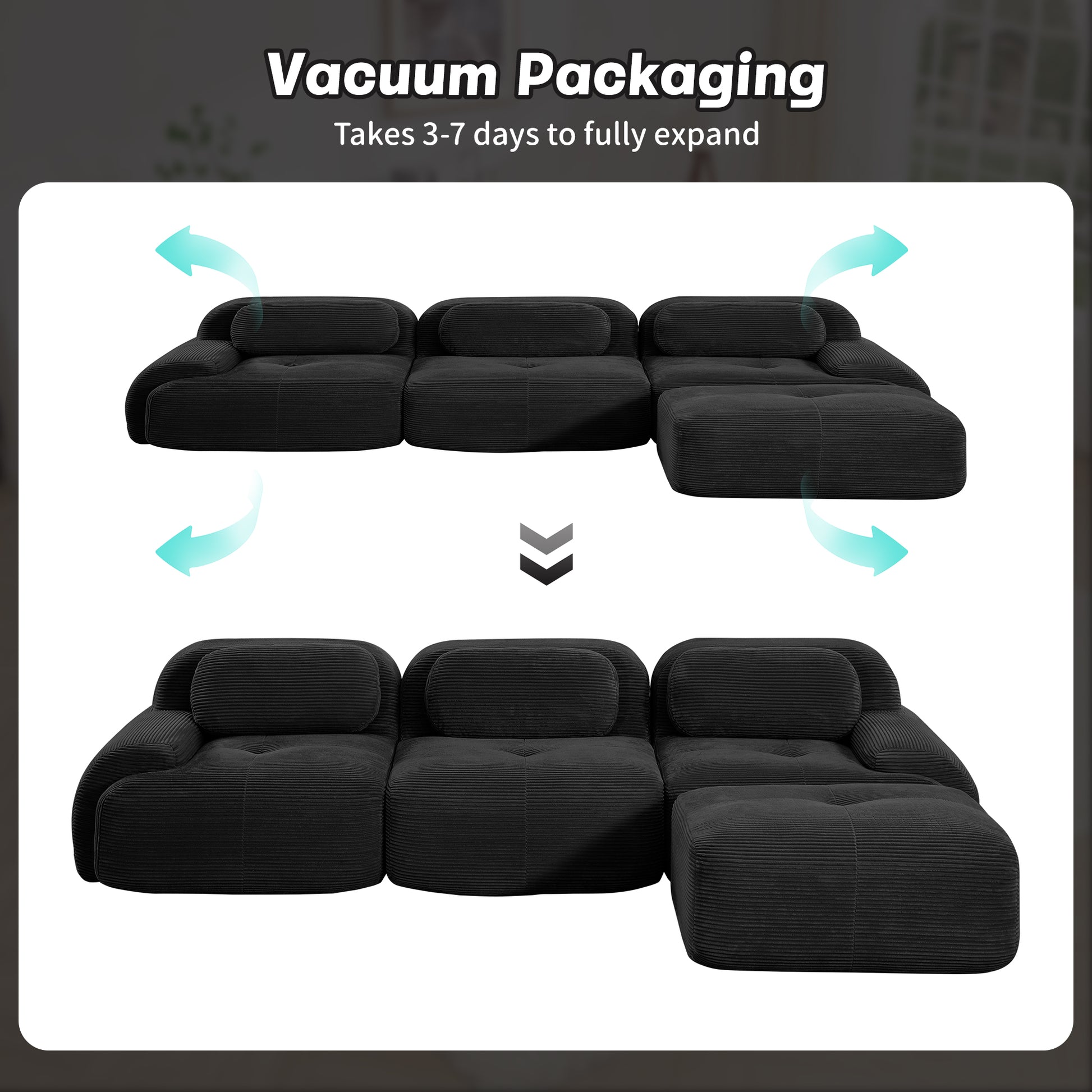 L-shaped modular sofa no assembly ergonomic design pet-friendly luxuryCorduroy Fabric fabric extra-wide curved armrests 32D high-resilience sponge for living rooms bedroom,Black image 12
